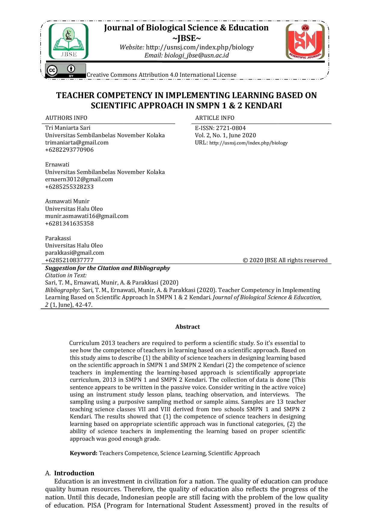 JURIS Teacher Competency in Implementing Learning Based on Scientific Approach in SMPN 1 2 Kendari