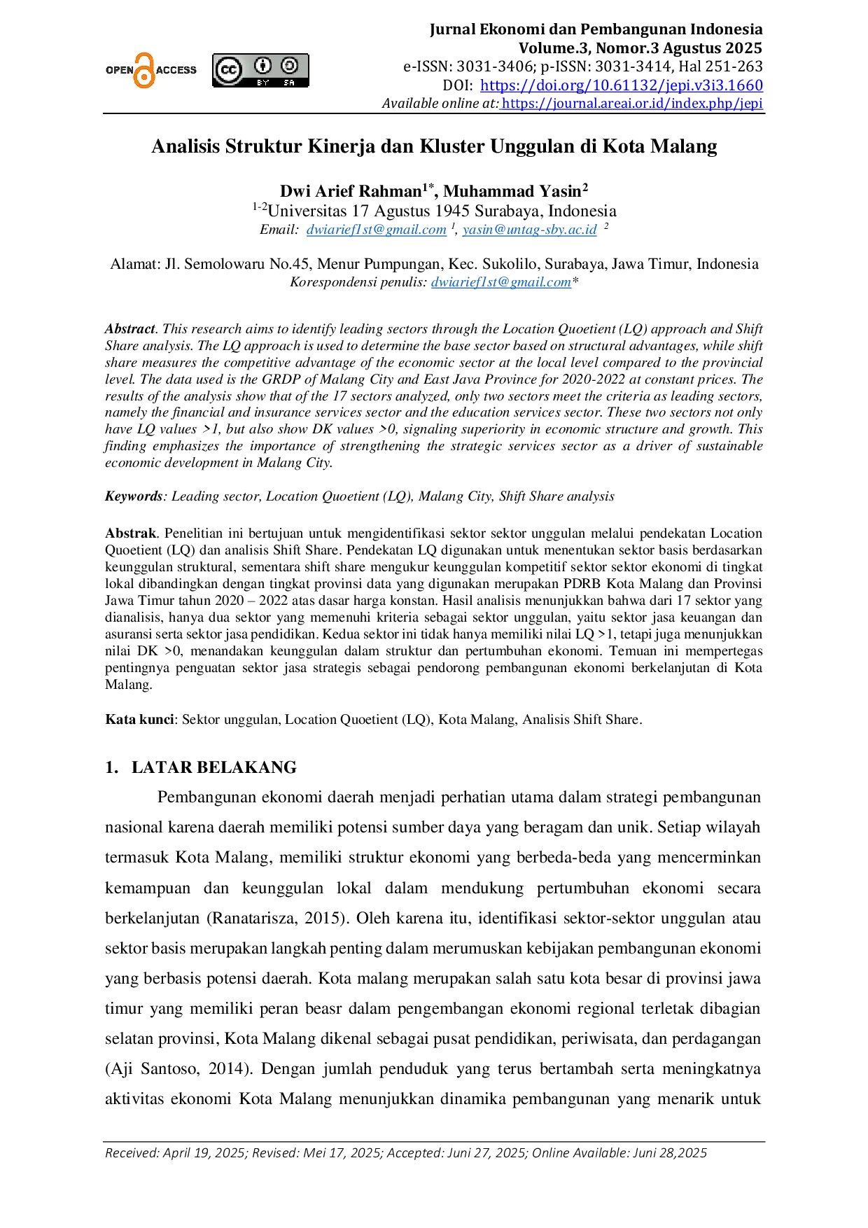 JURIS Analisis Struktur Kinerja dan Kluster Unggulan di Kota Malang