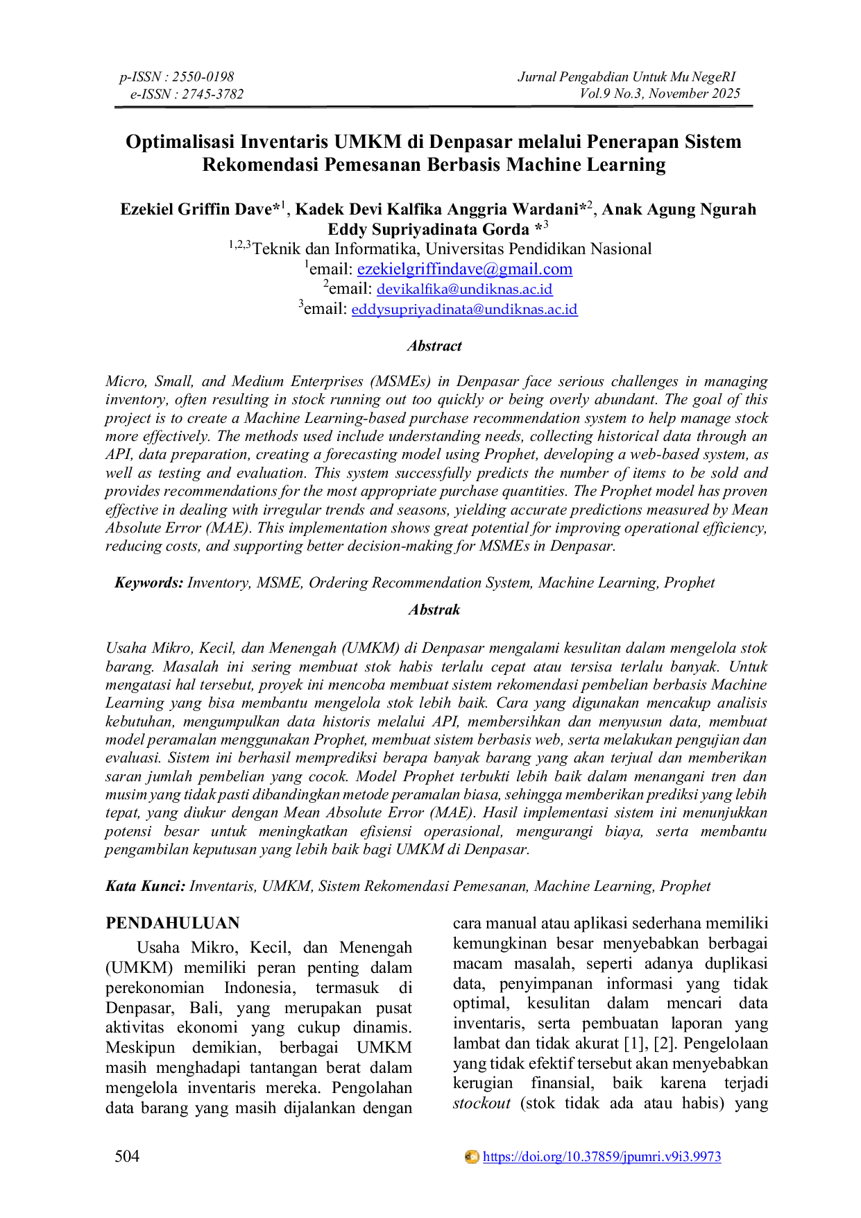 JURIS Optimalisasi Inventaris UMKM di Denpasar melalui Penerapan Sistem Rekomendasi Pemesanan Berbasis Machine Learning