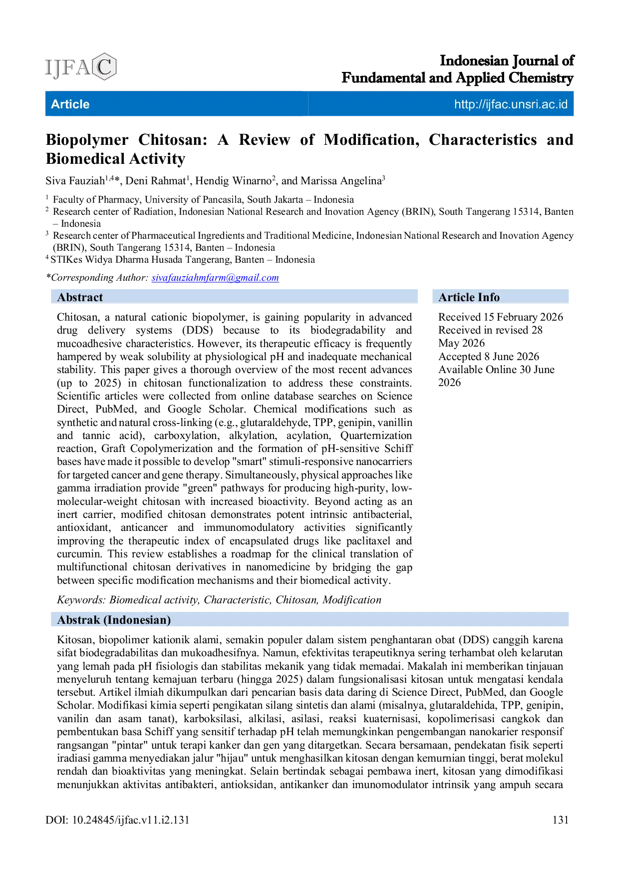 JURIS Biopolymer Chitosan A Review of Modification Characteristics and Biomedical Activity