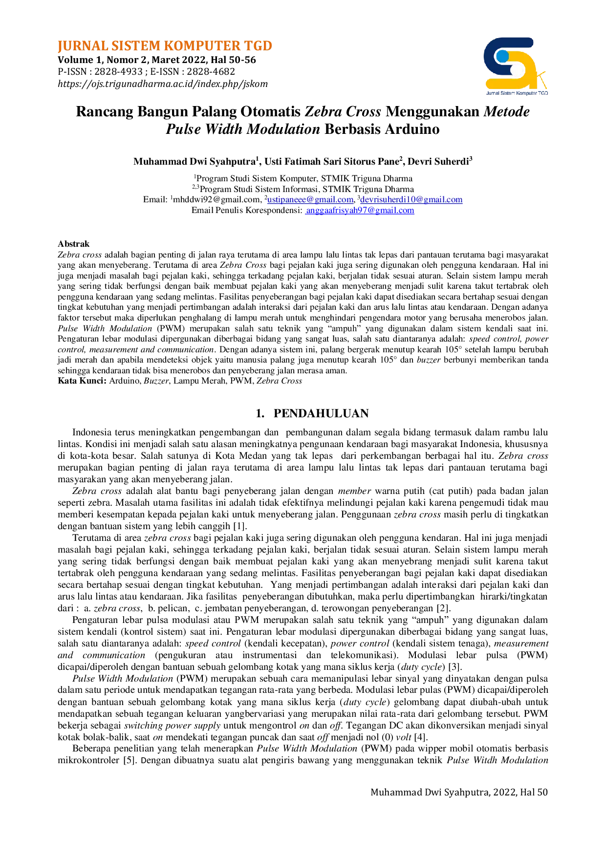 JURIS Rancang Bangun Palang Otomatis Zebra Cross Menggunakan Metode Pulse Width Modulation Berbasis Arduino