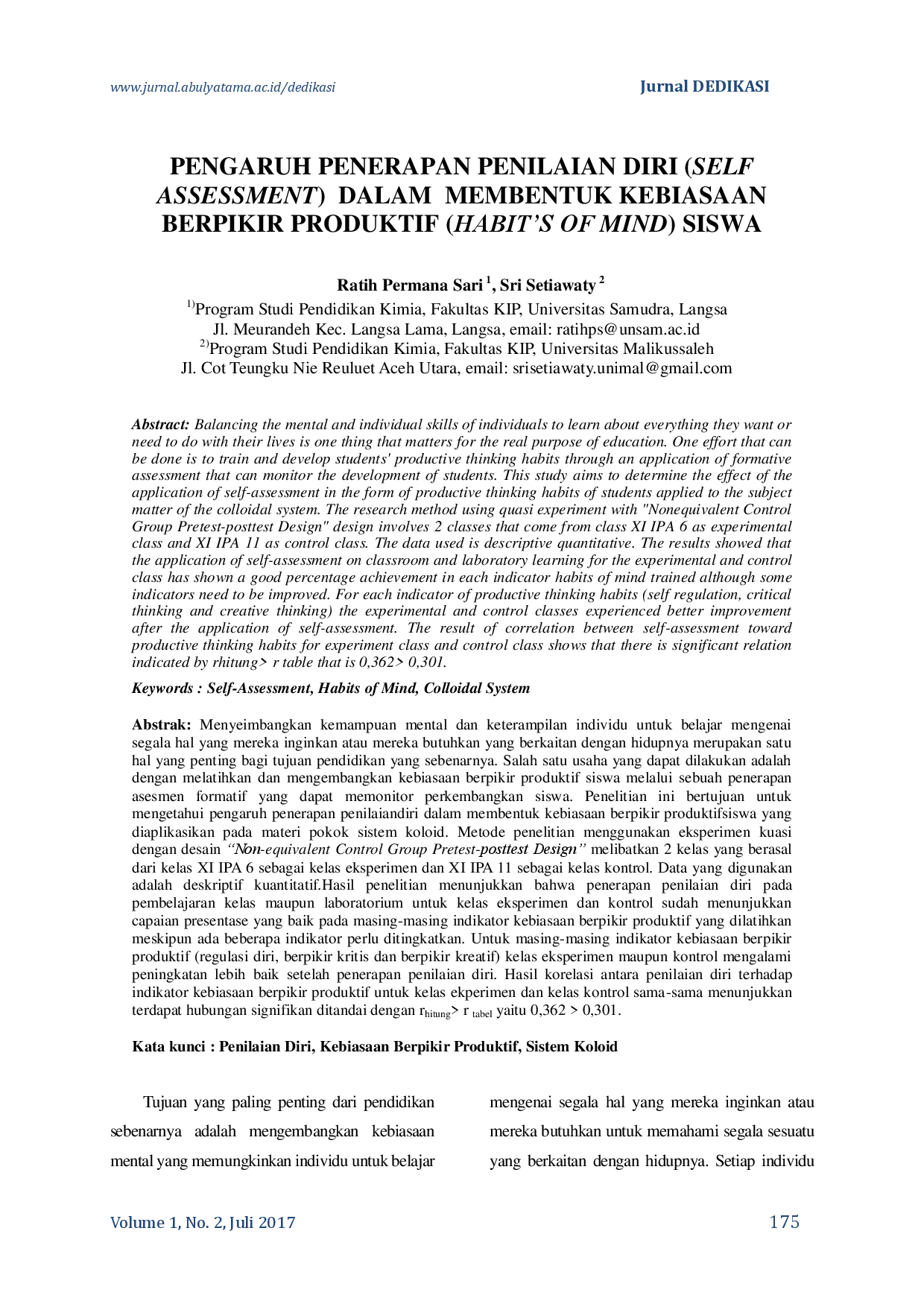 juris Pengaruh Penerapan Penilaian Diri Self Assessment Dalam Membentuk Kebiasaan Berpikir Produktif Habits Of Mind Siswa