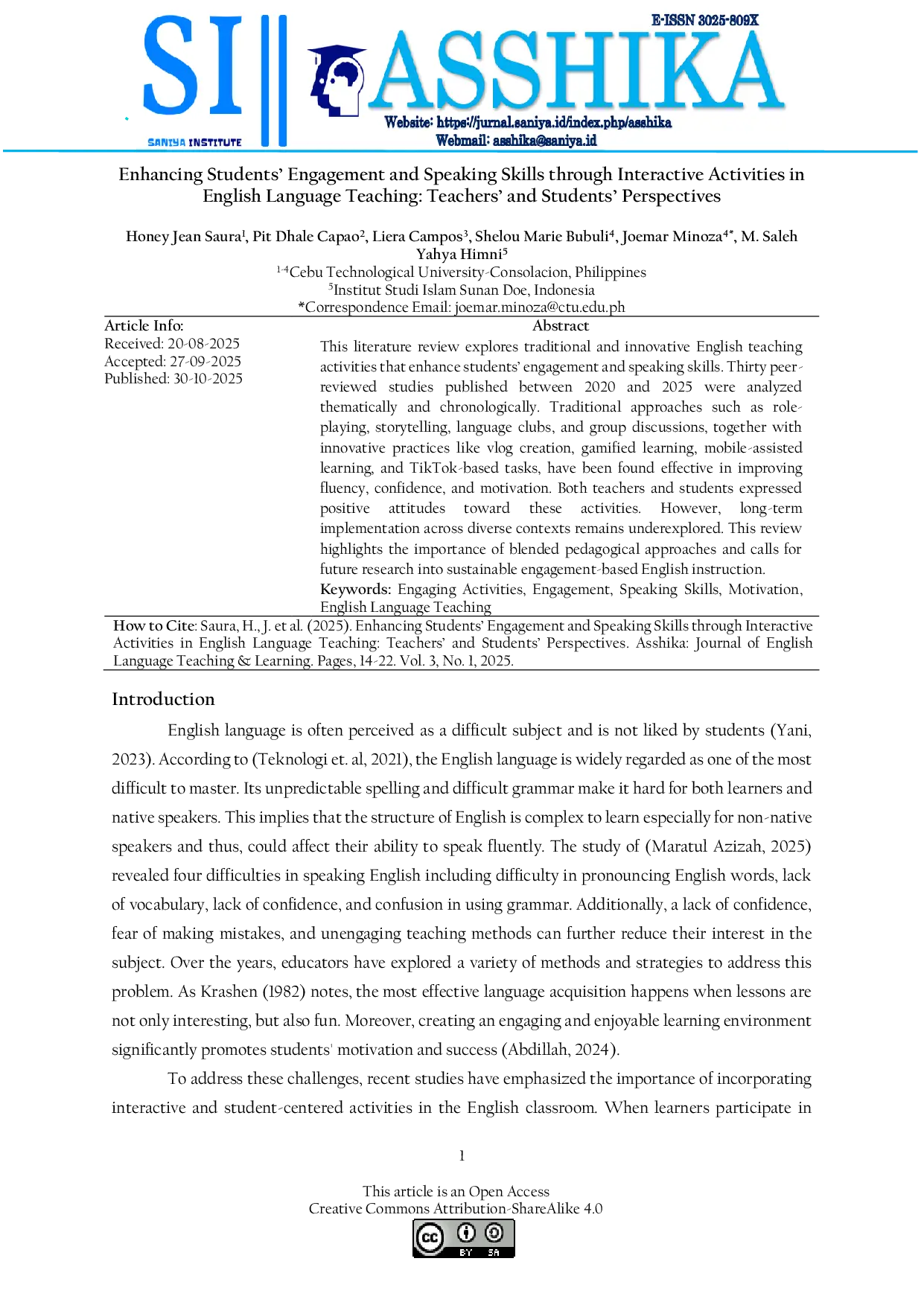 JURIS Enhancing Students Engagement and Speaking Skills through Interactive Activities in English Language Teaching Teachers and Students Perspectives