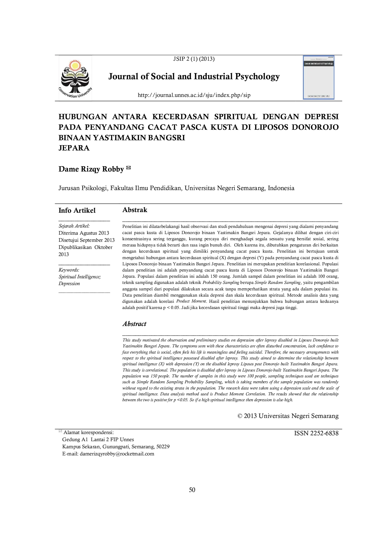 JURIS Hubungan Antara Kecerdasan Spiritual Dengan Depresi Pada Penyandang Cacat Pasca Kusta Di Liposos Donorojo Binaan Yastimakin Bangsri Jepara
