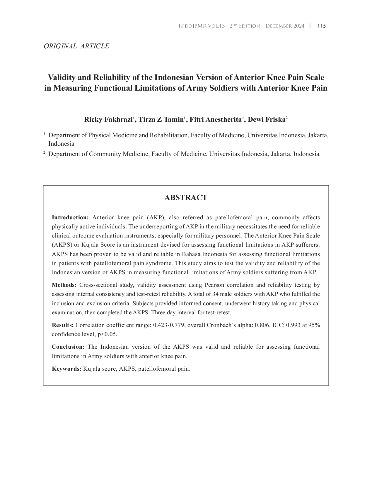 JURIS Validity and Reliability of the Indonesian Version of Anterior Knee Pain Scale in Measuring Functional Limitations of Army Soldiers with Anterior Knee Pain