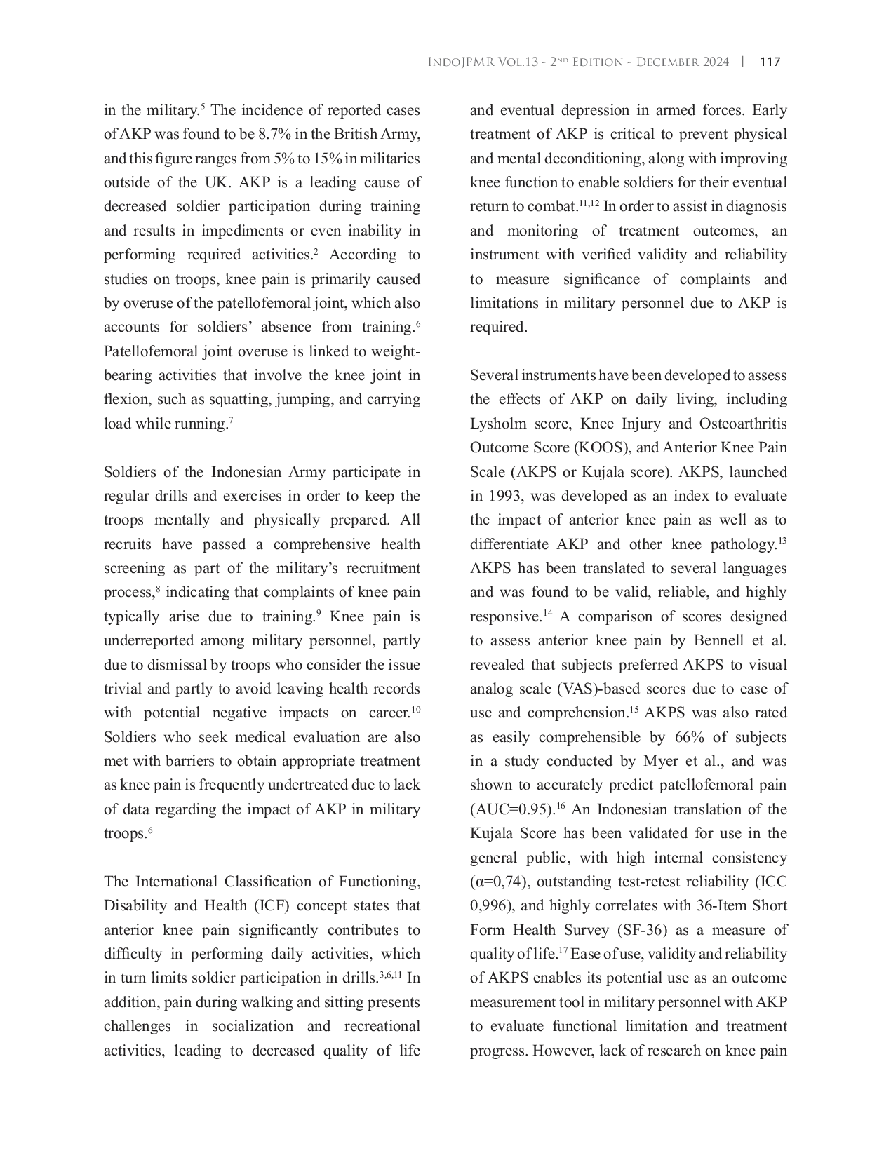 JURIS Validity and Reliability of the Indonesian Version of Anterior Knee Pain Scale in Measuring Functional Limitations of Army Soldiers with Anterior Knee Pain