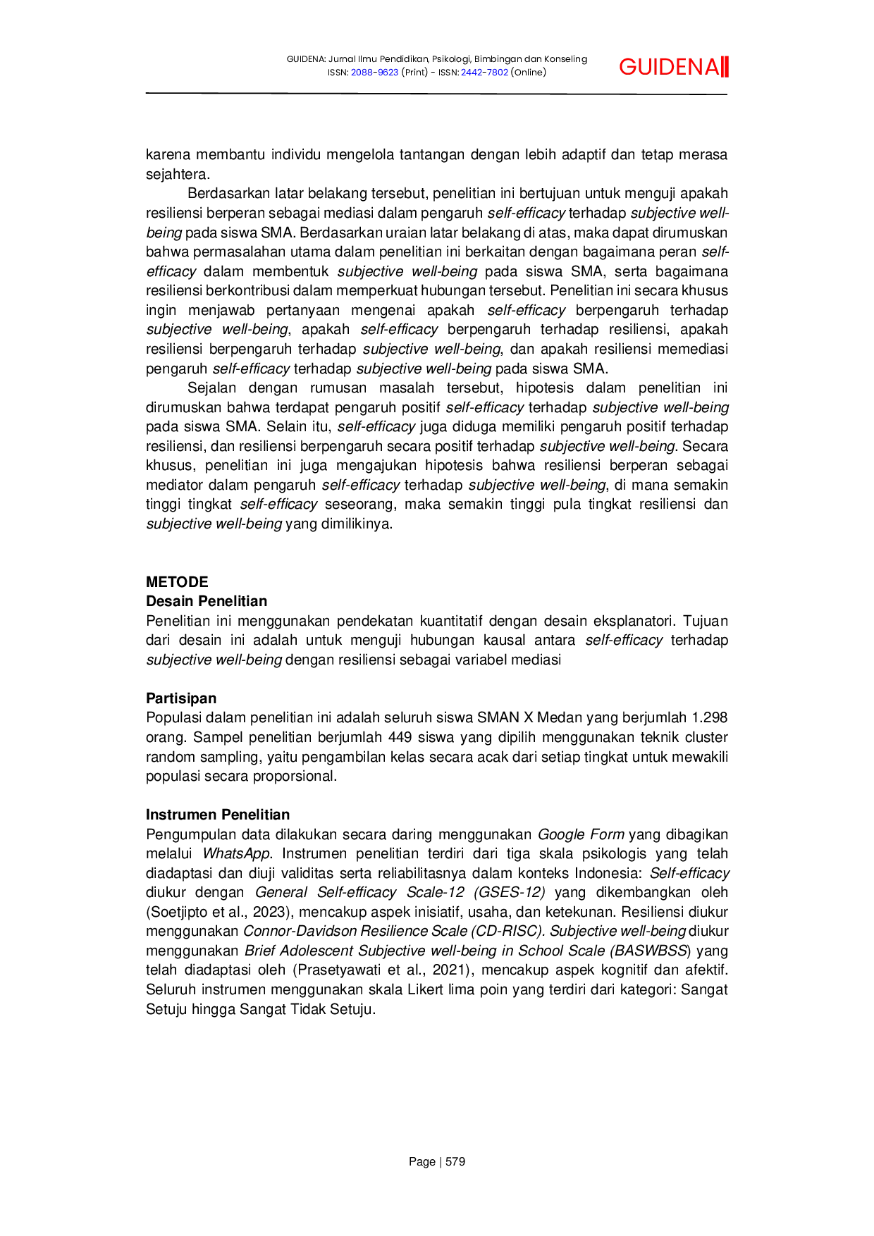 JURIS Pengaruh Efikasi Diri terhadap Kesejahteraan Subjektif yang Dimediasi oleh Resiliensi pada Siswa SMA