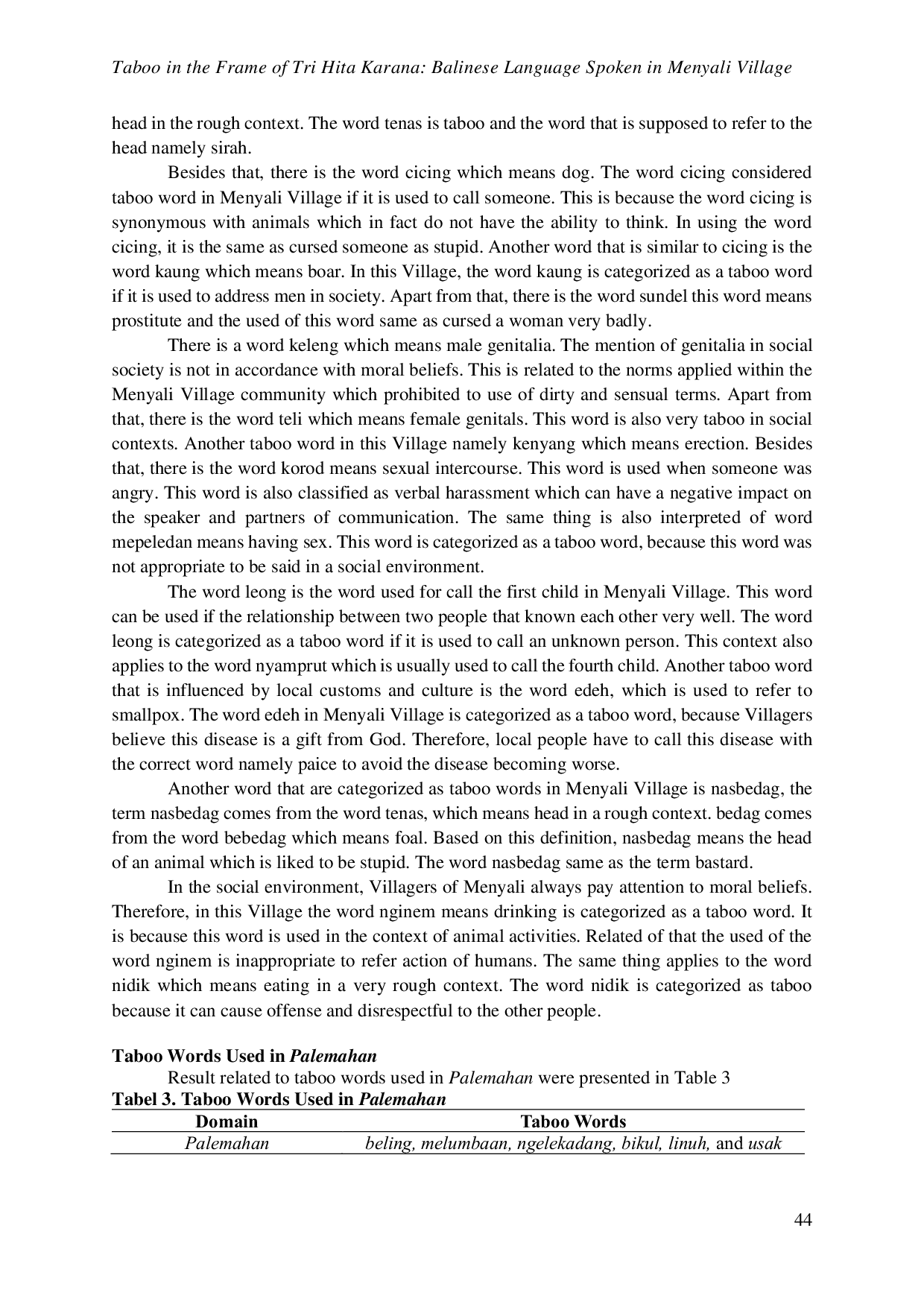 JURIS Taboo in the Frame of Tri Hita Karana Balinese Language Spoken in Menyali Village