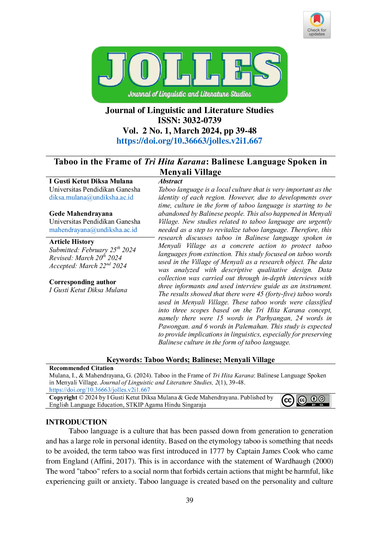 JURIS Taboo in the Frame of Tri Hita Karana Balinese Language Spoken in Menyali Village