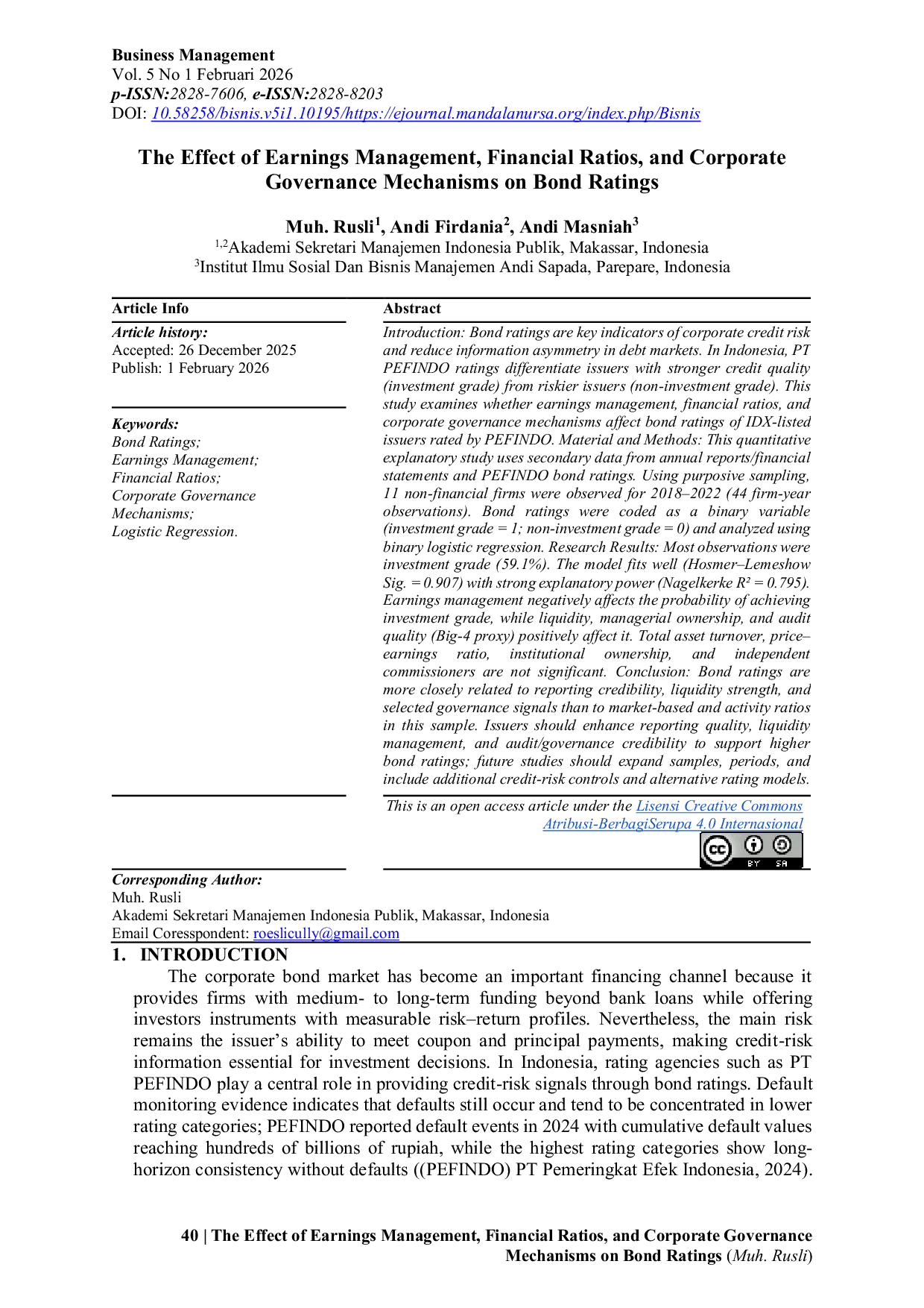 JURIS The Effect Of Earnings Management Financial Ratios And Corporate Governance Mechanisms On Bond Ratings