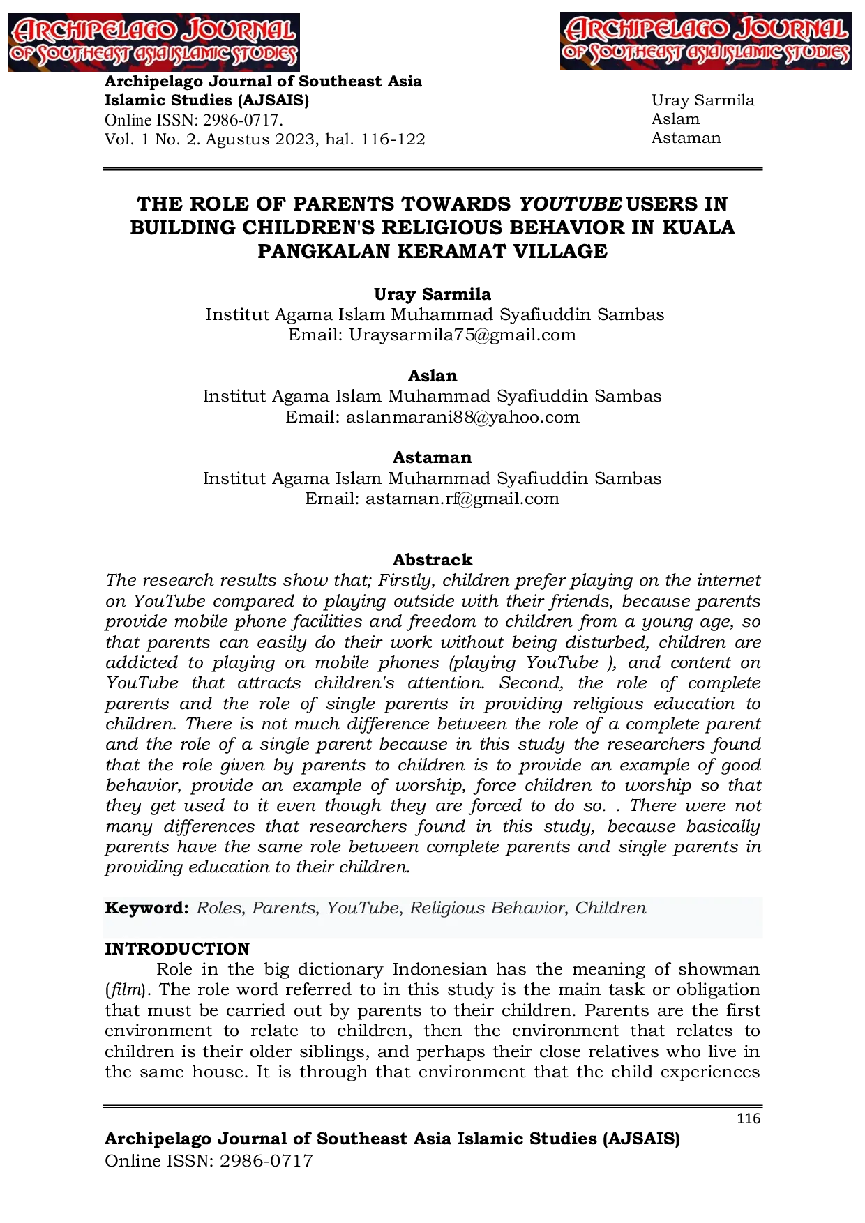 JURIS The Role of Parents Towards YouTube Users in Building Children s Religious Behavior in Kuala Pangkalan Keramat Village
