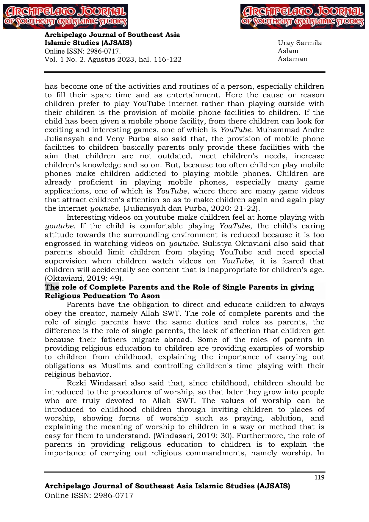 JURIS The Role of Parents Towards YouTube Users in Building Children s Religious Behavior in Kuala Pangkalan Keramat Village