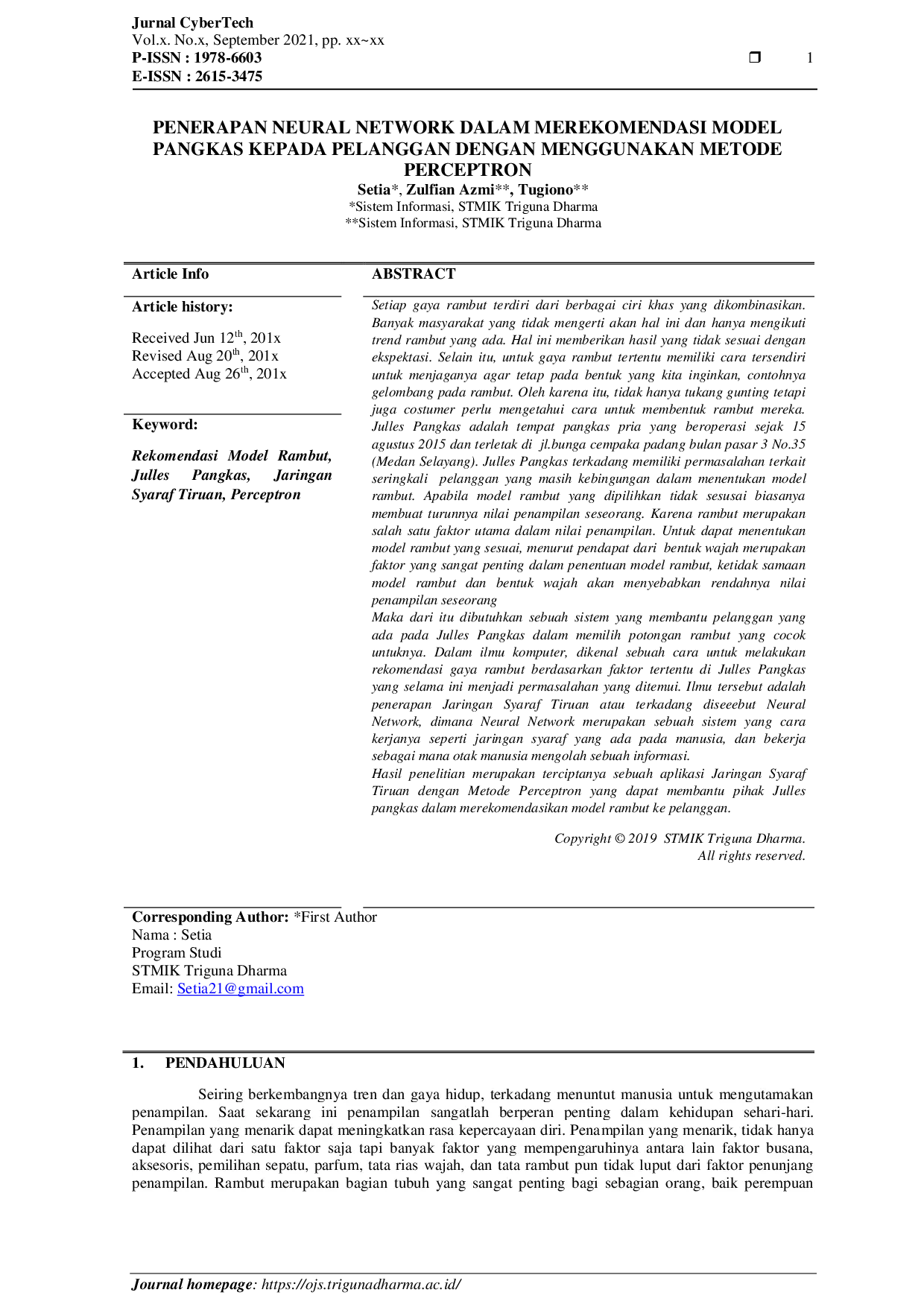 JURIS Penerapan Neural Network Dalam Merekomendasi Model Pangkas Kepada Pelanggan Dengan Menggunakan Metode Perceptron