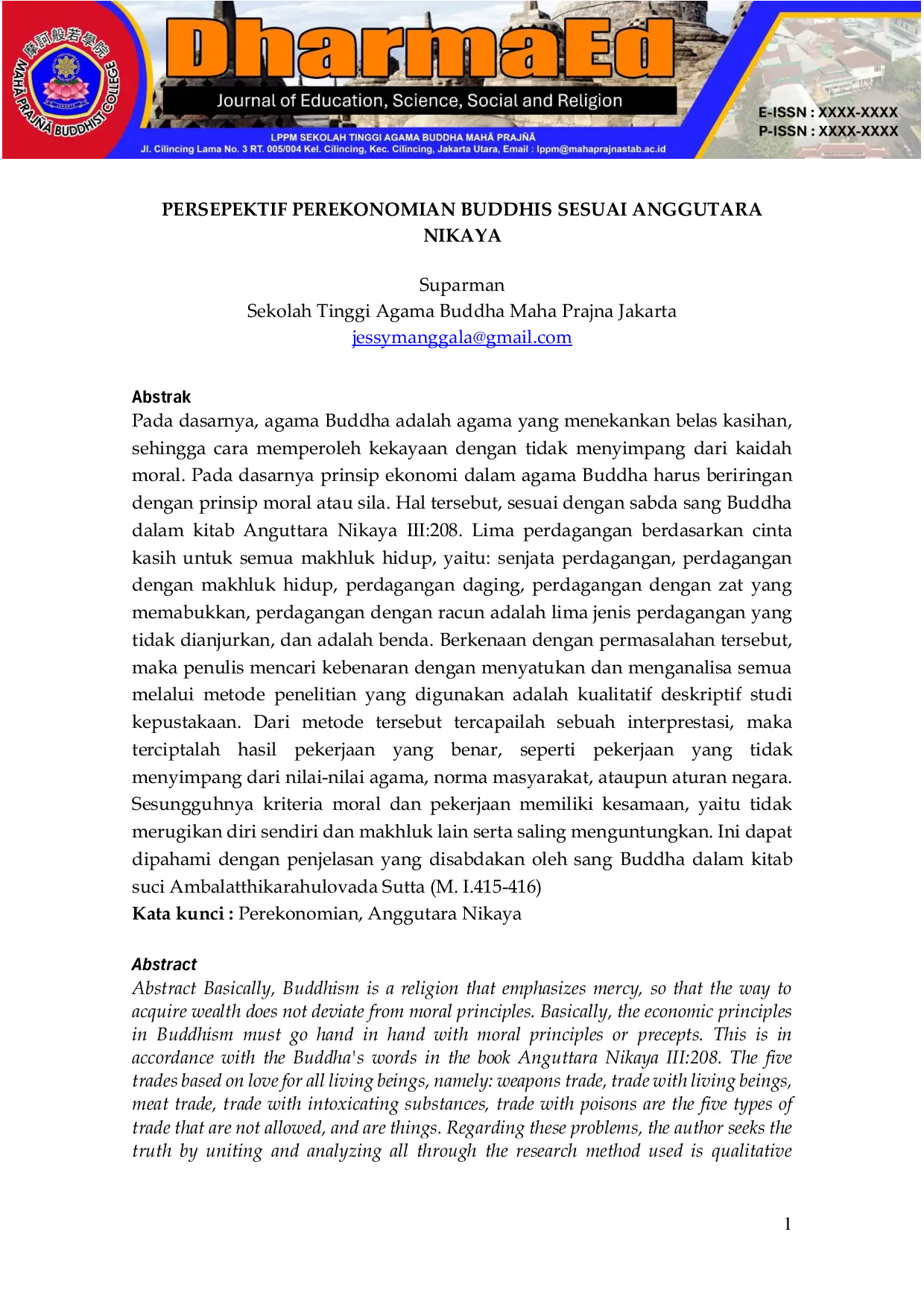 JURIS Persepektif Perekonomian Buddhis Sesuai Anguttara Nikaya