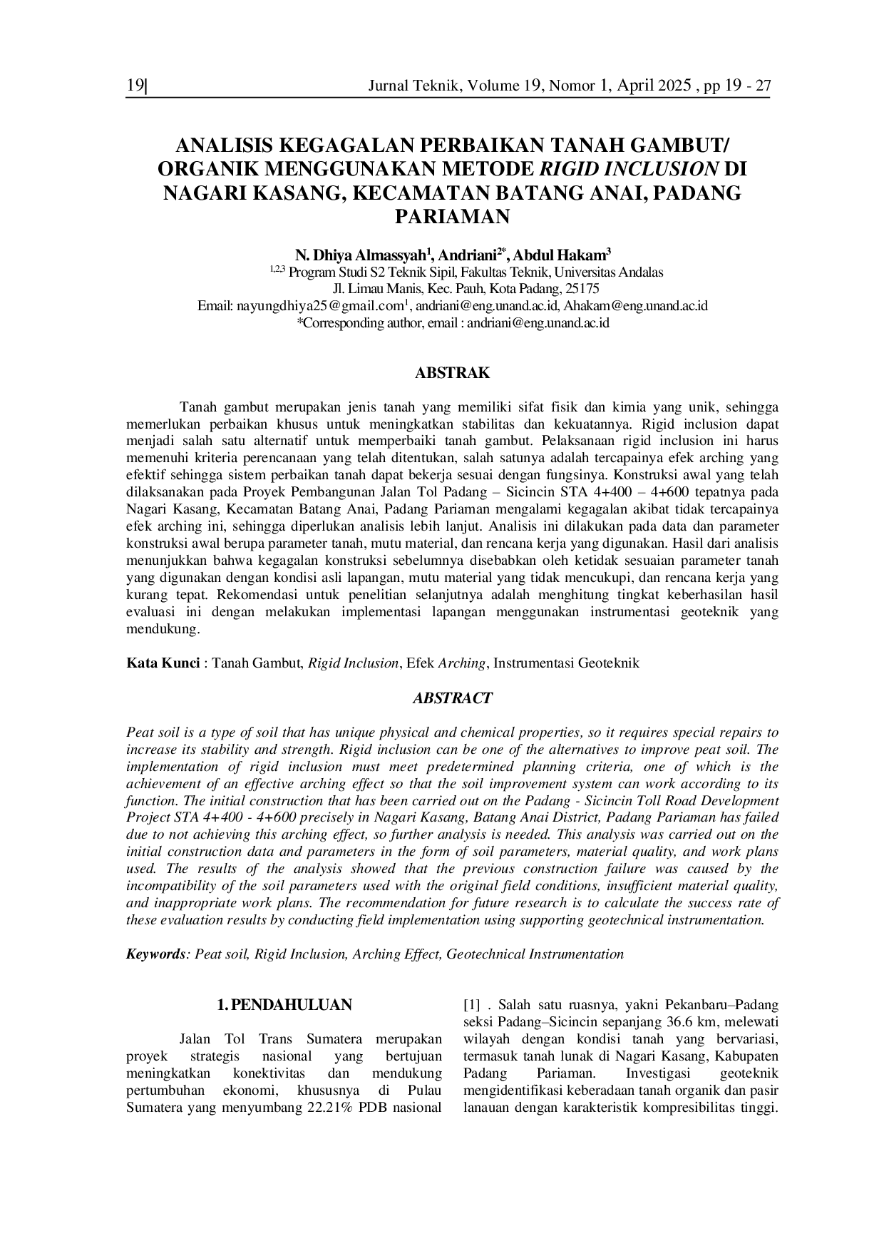JURIS Analisis Kegagalan Perbaikan Tanah Gambut Organik menggunakan Metode Rigid Inclusion di Nagari Kasang Kecamatan Batang Anai Padang Pariaman