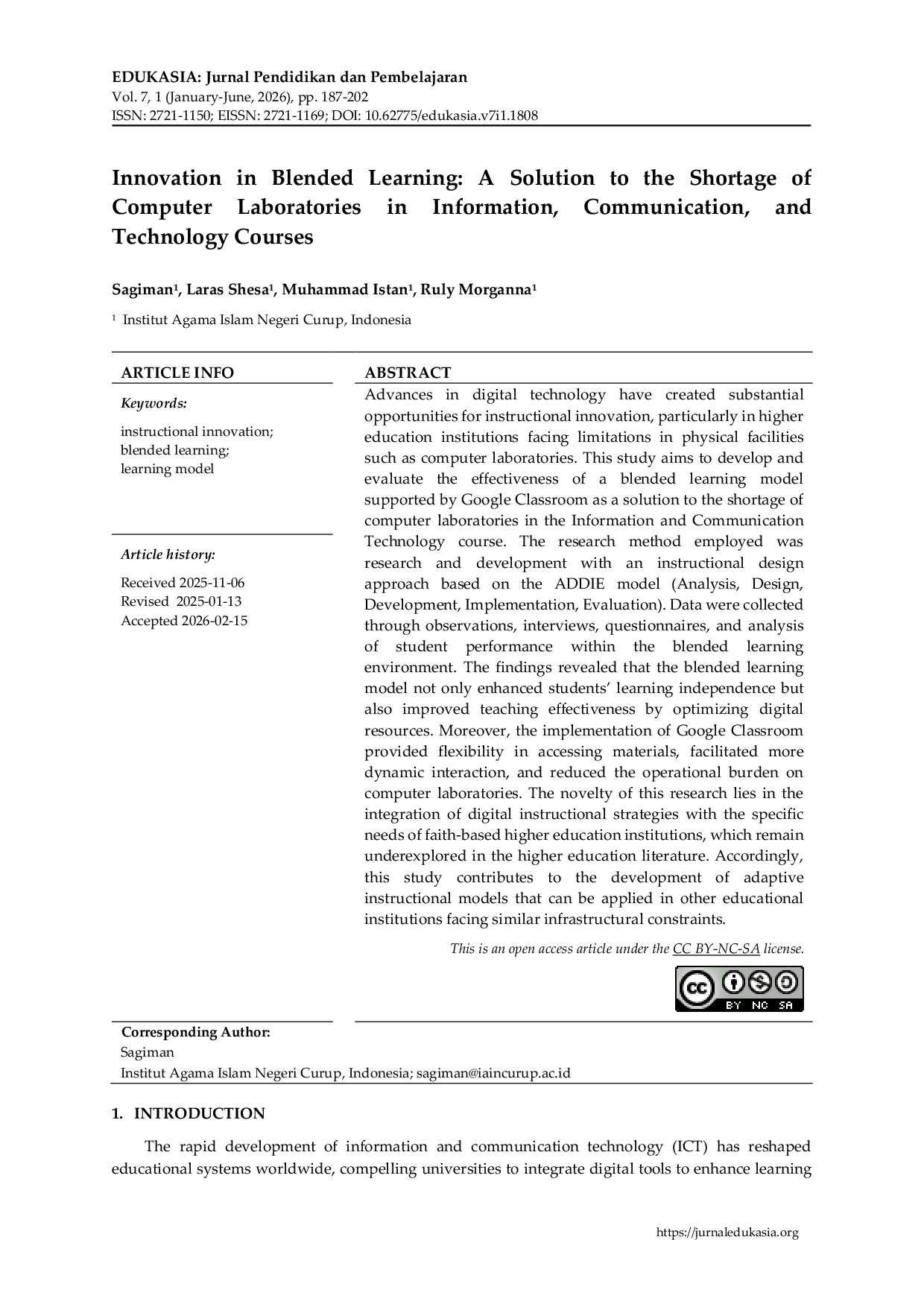 JURIS Innovation in Blended Learning A Solution to the Shortage of Computer Laboratories in Information Communication and Technology Courses