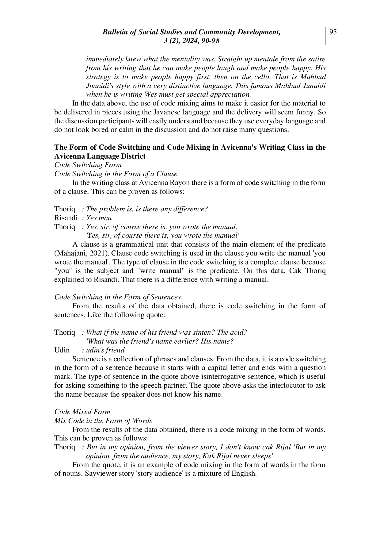 JURIS Code Switching and Code Mixing Analysis in the Activities of the Avicenna Language Rayon Writing Class A Sociolinguistic Study