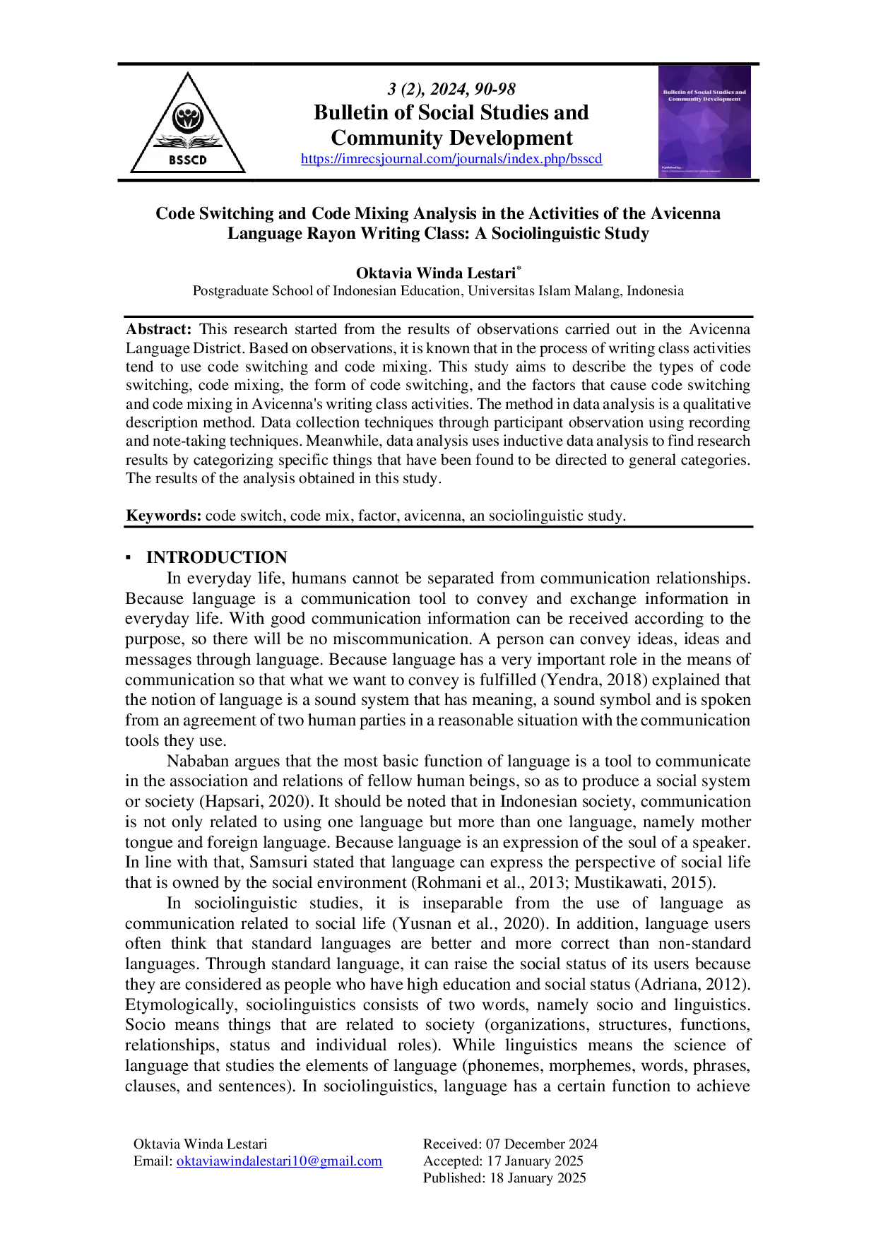 JURIS Code Switching and Code Mixing Analysis in the Activities of the Avicenna Language Rayon Writing Class A Sociolinguistic Study