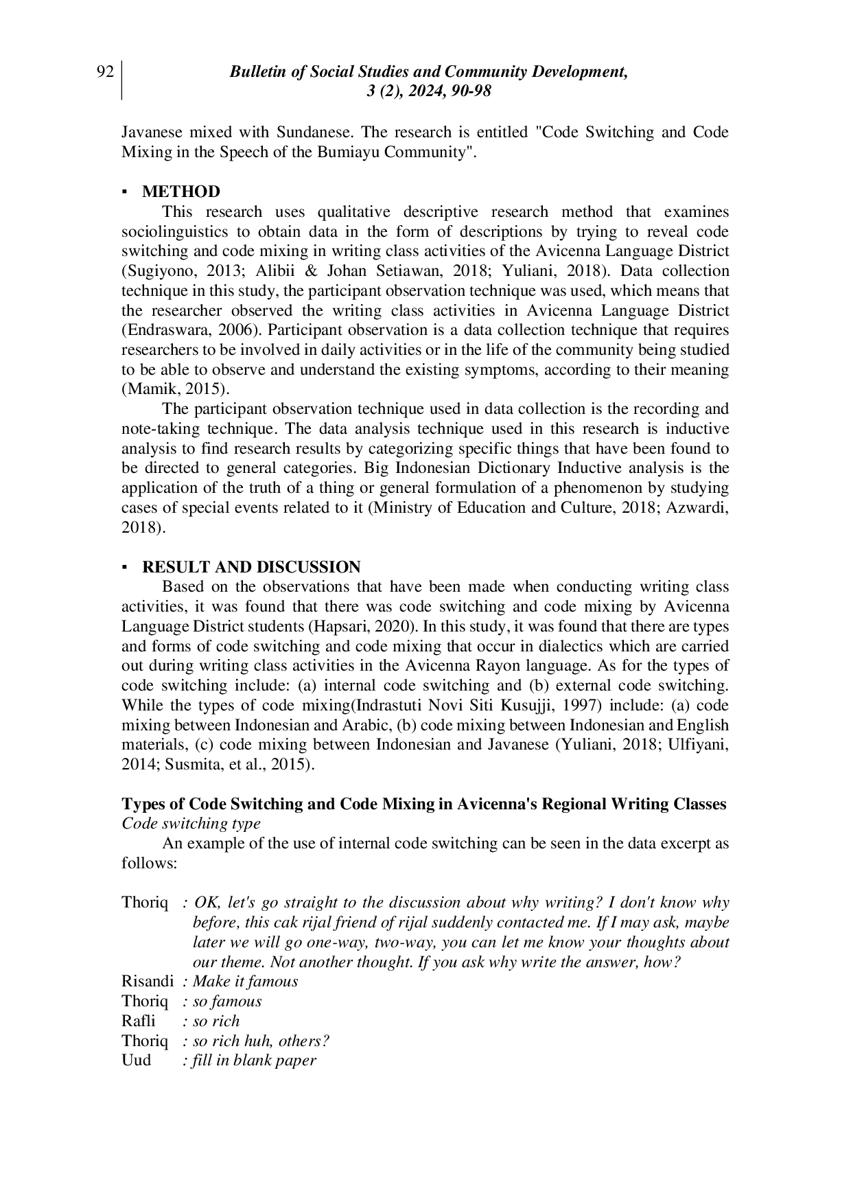 JURIS Code Switching and Code Mixing Analysis in the Activities of the Avicenna Language Rayon Writing Class A Sociolinguistic Study