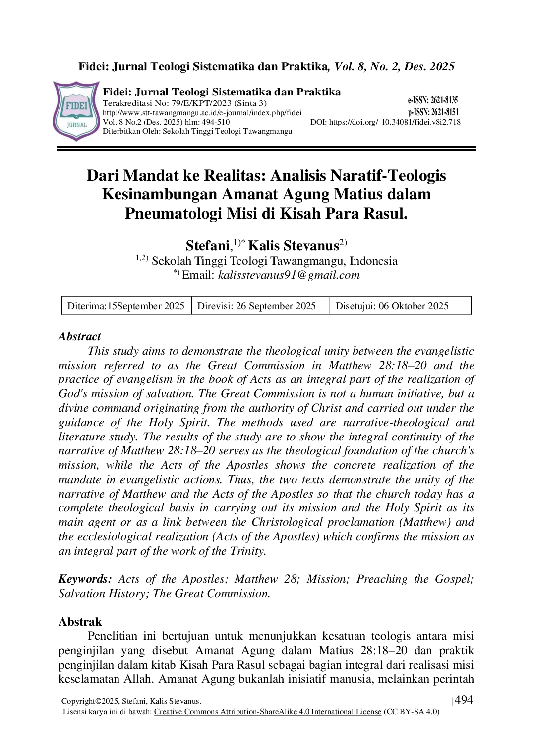 JURIS Dari Mandat ke Realitas Analisis Naratif Teologis Kesinambungan Amanat Agung Matius dalam Pneumatologi Misi di Kisah Para Rasul