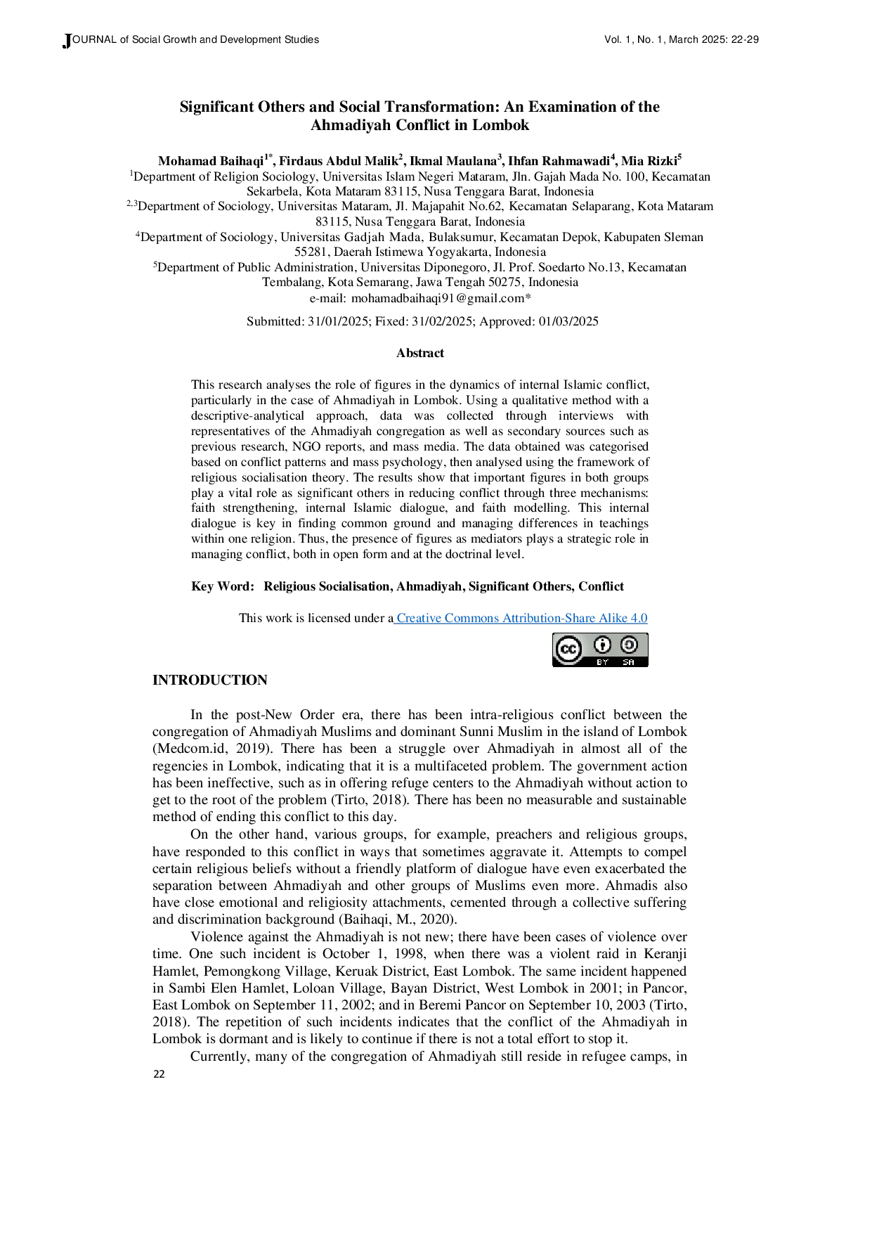 JURIS Significant Others and Social Transformation An Examination of the Ahmadiyah Conflict in Lombok