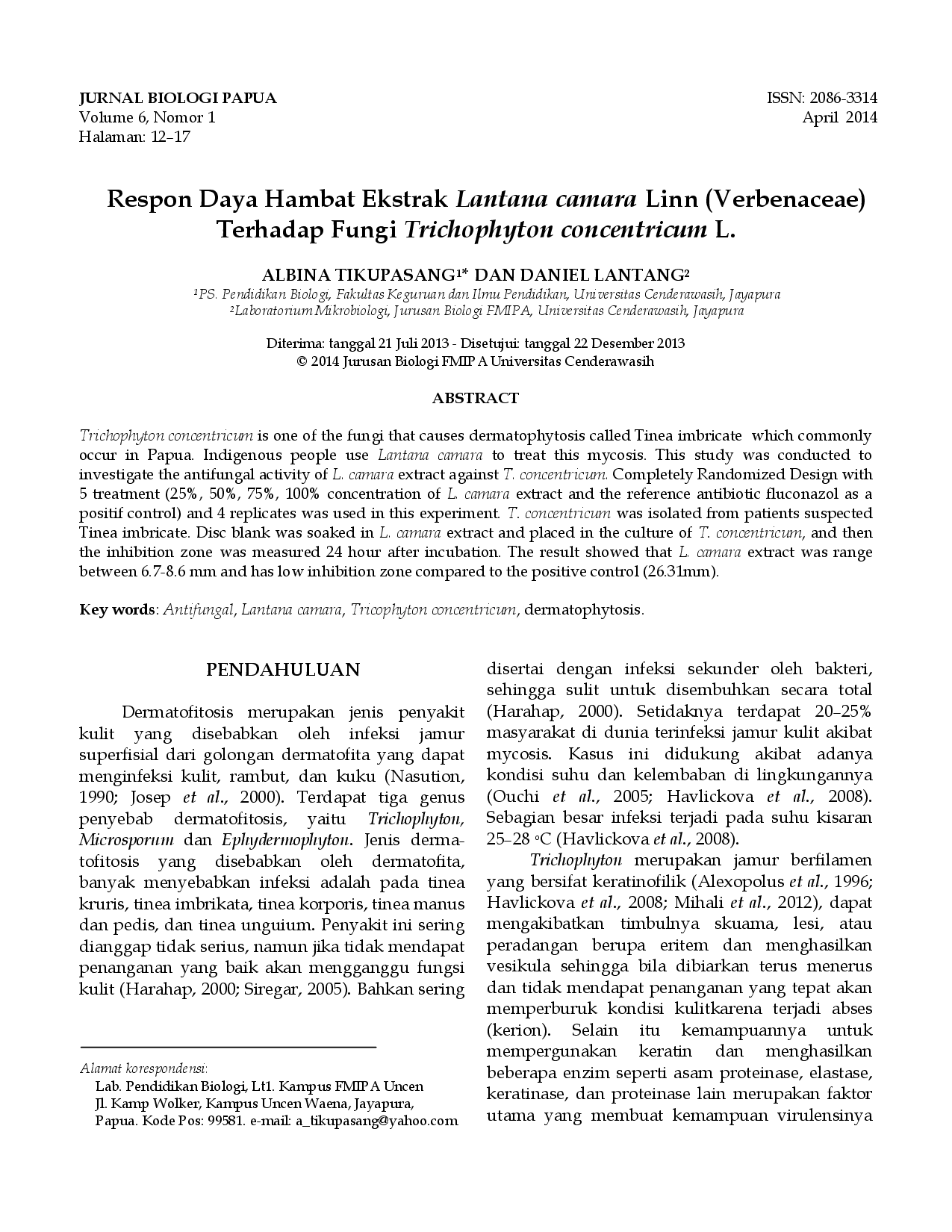 juris Respon Daya Hambat Ekstrak Lantana camara Linn Verbenaceae Terhadap Fungi Trichophyton concentricum L