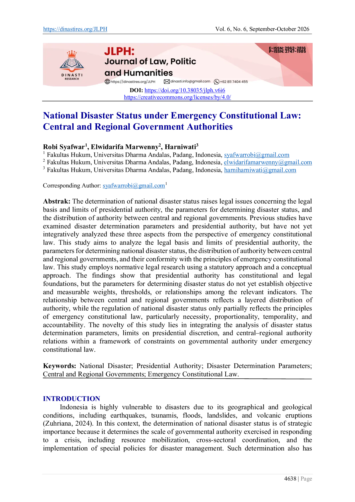 JURIS National Disaster Status under Emergency Constitutional Law Central and Regional Government Authorities