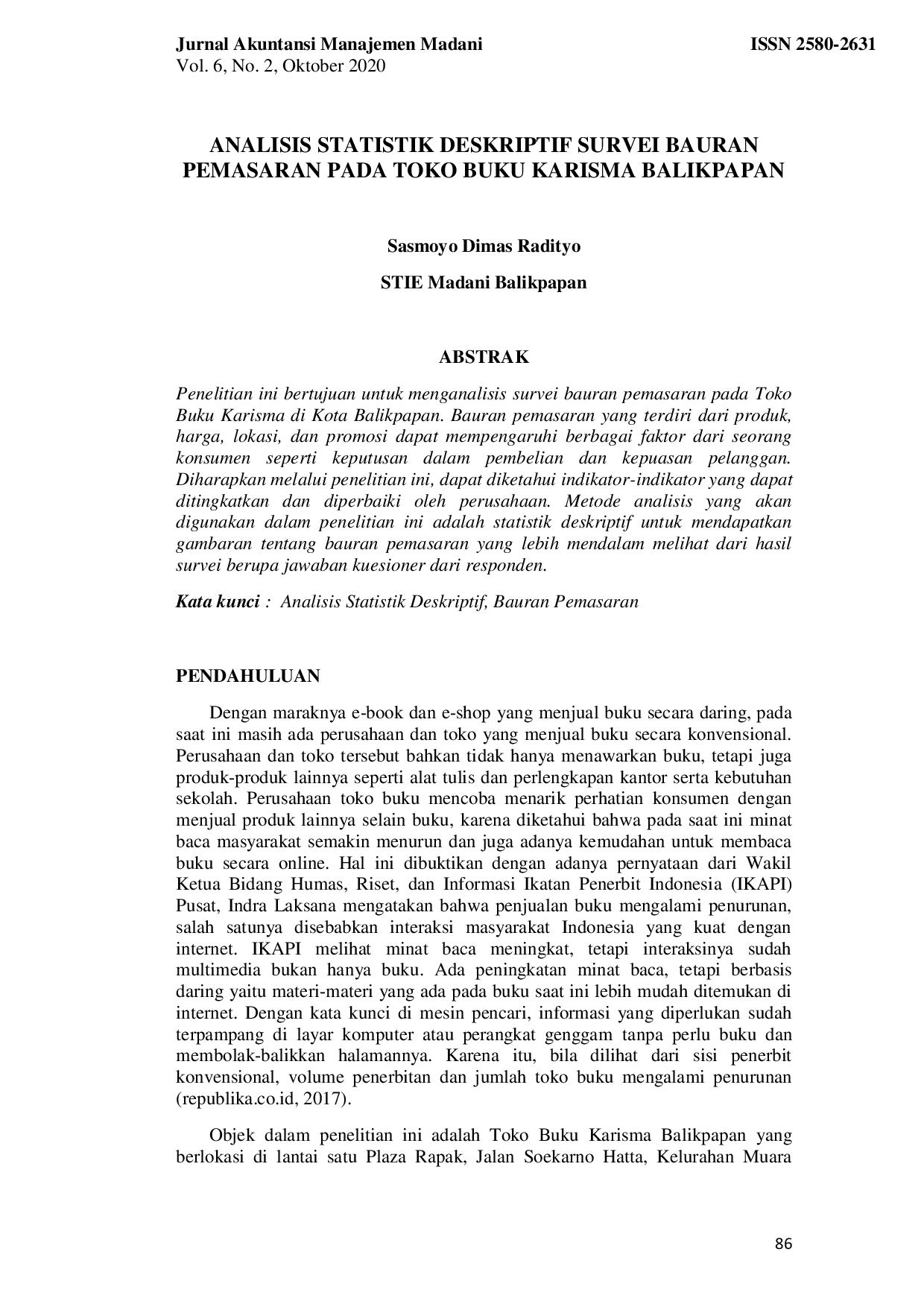 JURIS Analisis Statistik Deskriptif Survei Bauran Pemasaran Pada Toko Buku Karisma Balikpapan