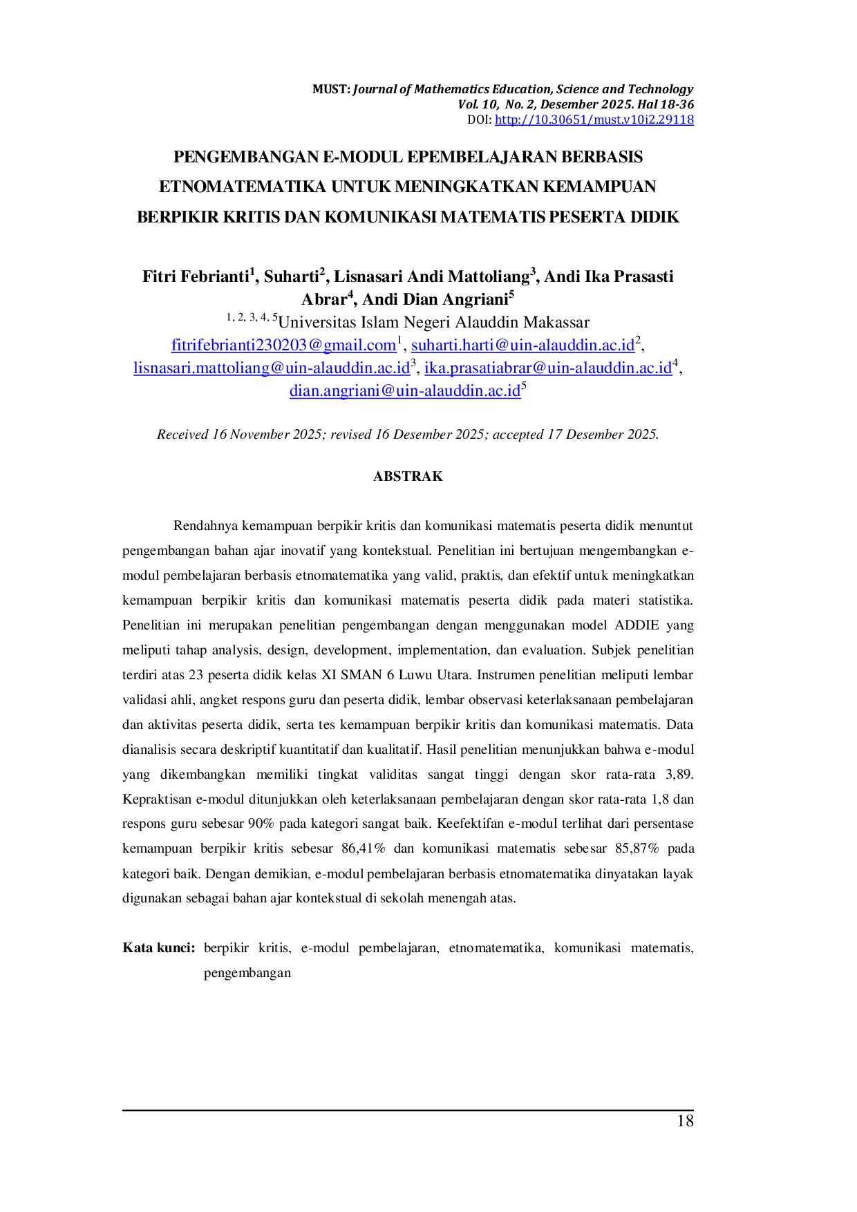 JURIS Pengembangan E Modul Epembelajaran Berbasis Etnomatematika untuk Meningkatkan Kemampuan Berpikir Kritis dan Komunikasi Matematis Peserta Didik