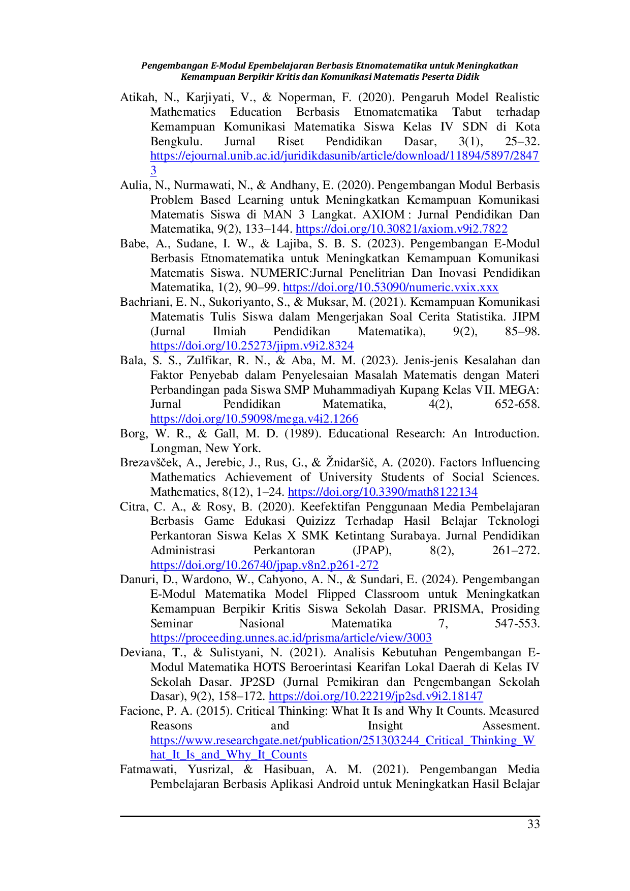 JURIS Pengembangan E Modul Epembelajaran Berbasis Etnomatematika untuk Meningkatkan Kemampuan Berpikir Kritis dan Komunikasi Matematis Peserta Didik