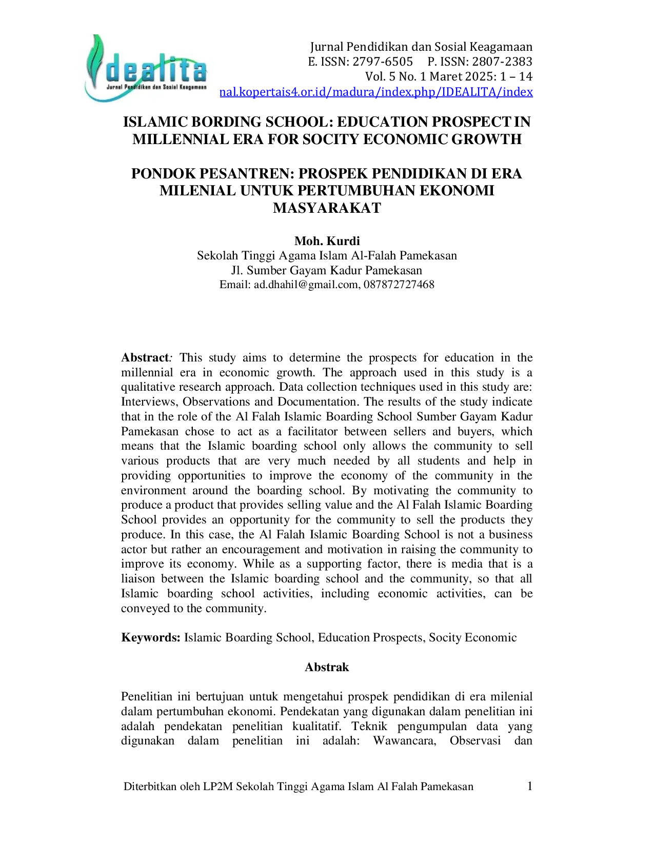 JURIS Islamic Boarding School Education Prospect In Millennial Era For Socity Economic Growth