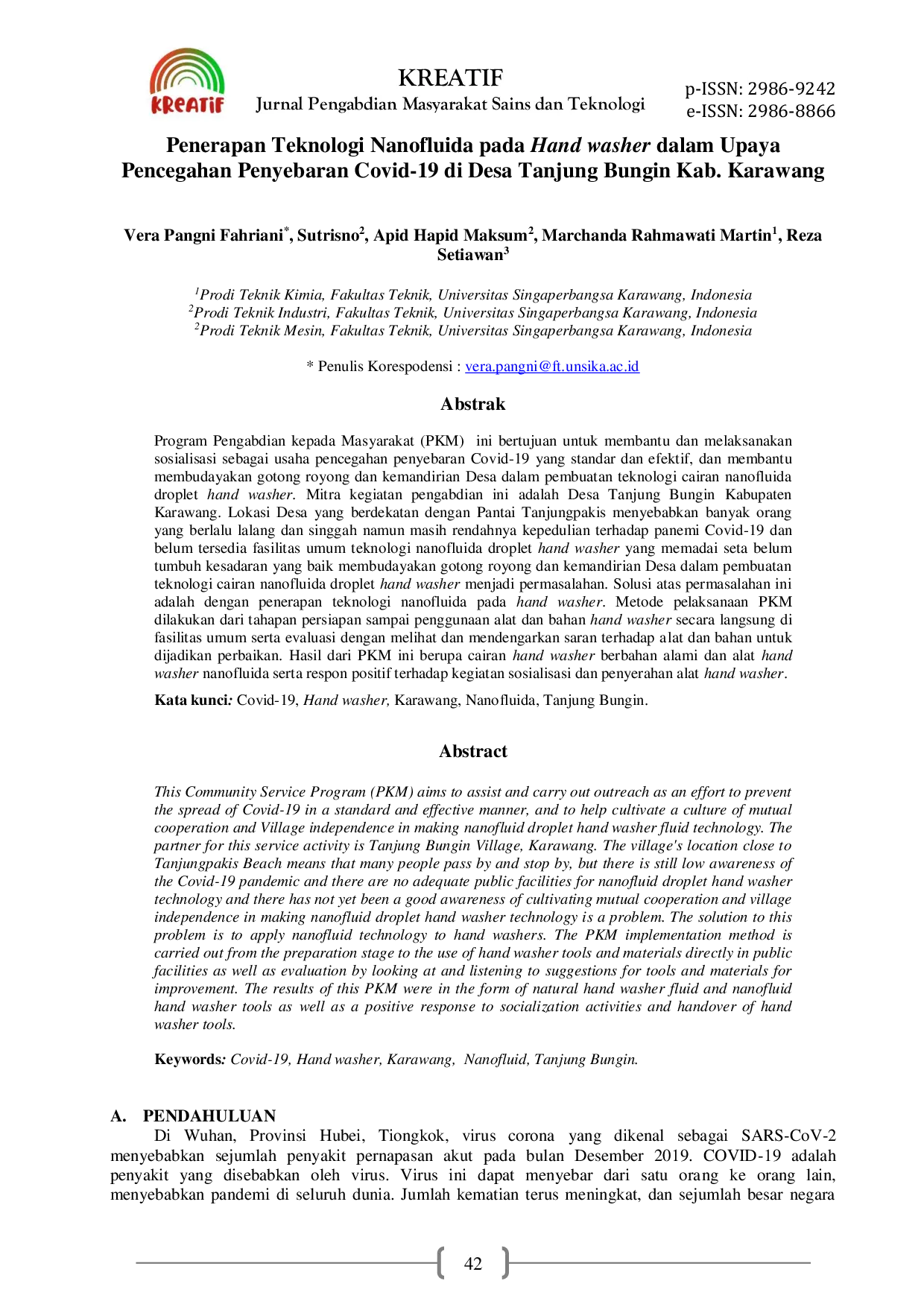 JURIS Penerapan Teknologi Nanofluida pada Hand washer dalam Upaya Pencegahan Penyebaran Covid 19 di Desa Tanjung Bungin Kab Karawang