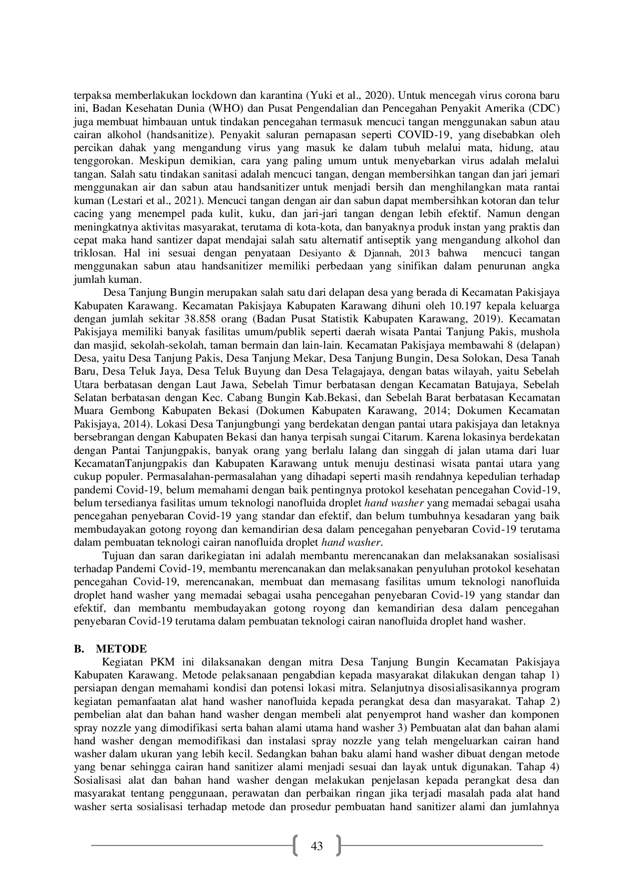JURIS Penerapan Teknologi Nanofluida pada Hand washer dalam Upaya Pencegahan Penyebaran Covid 19 di Desa Tanjung Bungin Kab Karawang