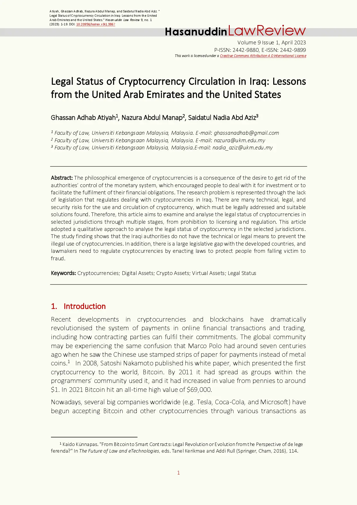 juris Legal Status of Cryptocurrency Circulation in Iraq Lessons from the United Arab Emirates and the United States