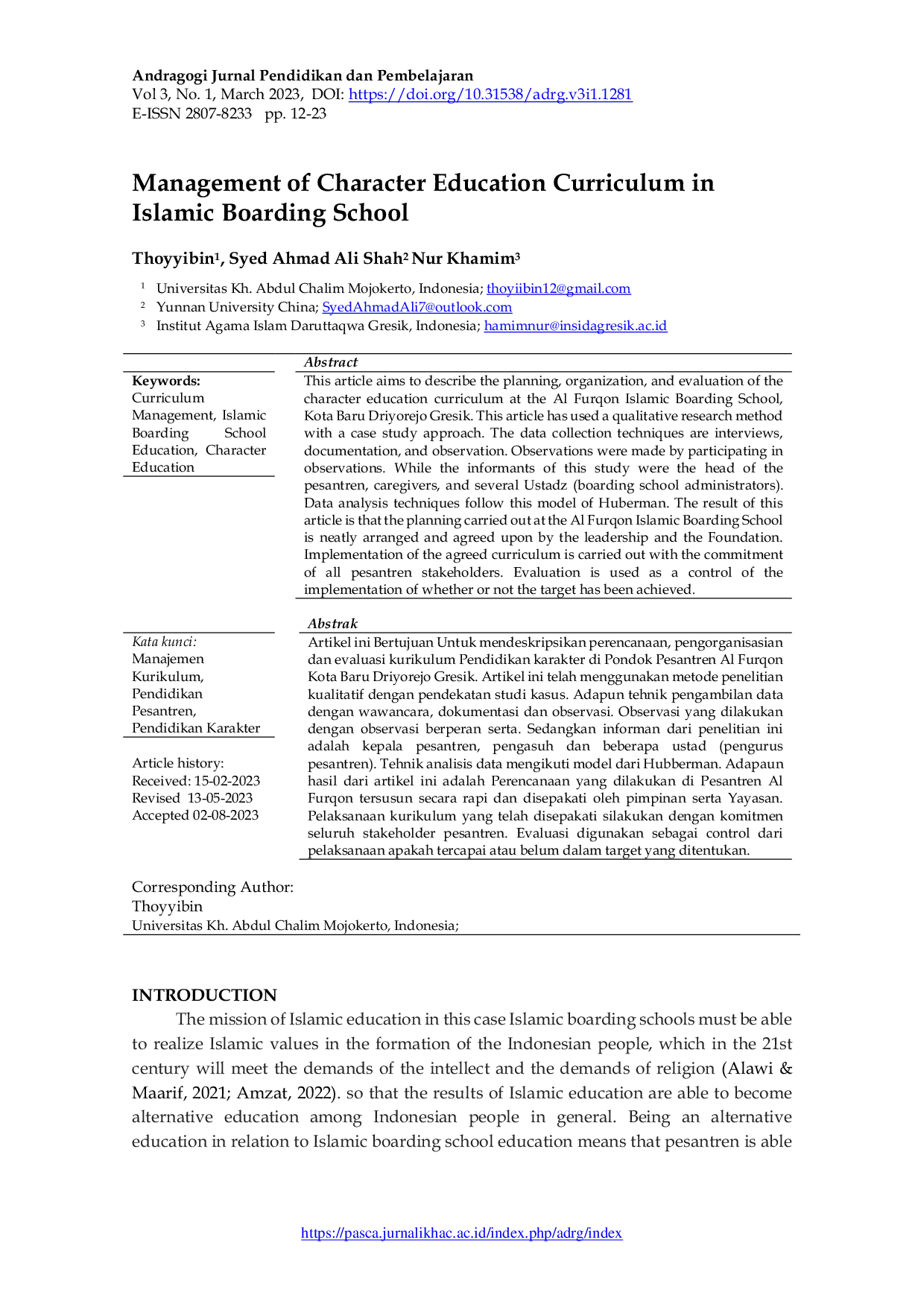 JURIS Management of Character Education Curriculum in Islamic Boarding School
