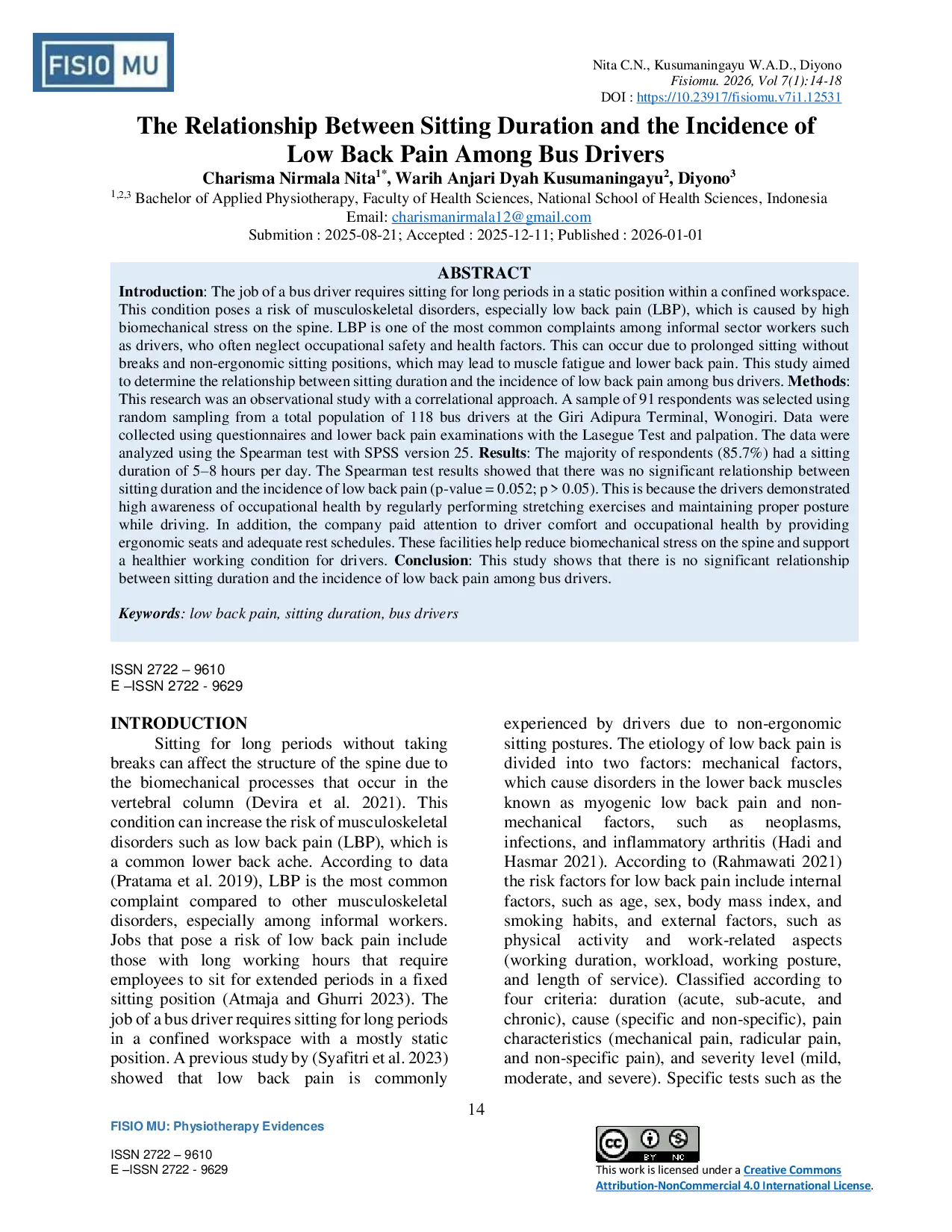 JURIS The Relationship Between Sitting Duration and the Incidence of Low Back Pain Among Bus Drivers