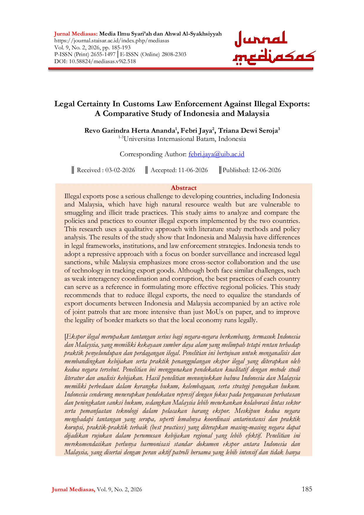 JURIS Legal Certainty In Customs Law Enforcement Against Illegal Exports A Comparative Study of Indonesia and Malaysia