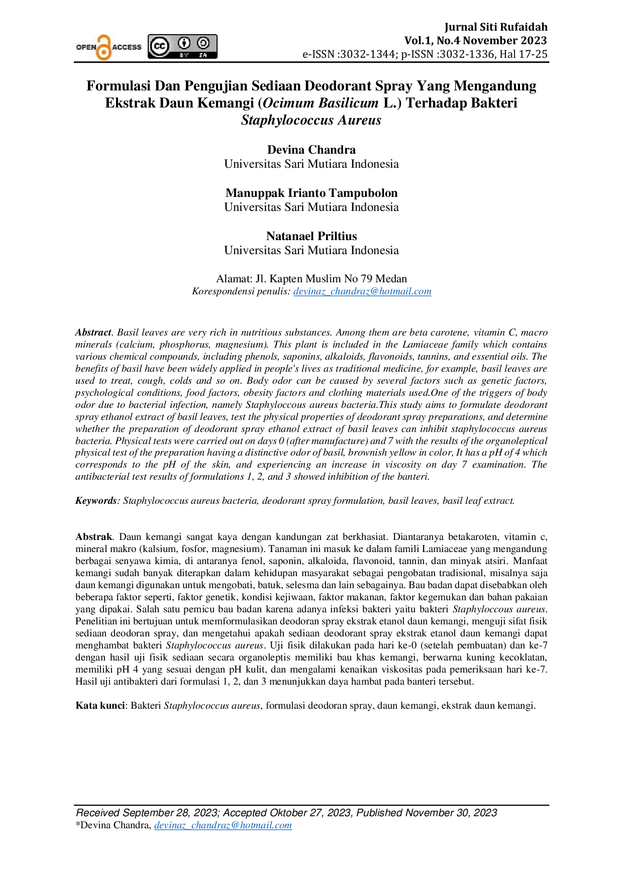 JURIS Formulasi Dan Pengujian Sediaan Deodorant Spray Yang Mengandung Ekstrak Daun Kemangi Ocimum Basilicum L Terhadap Bakteri Staphylococcus Aureus