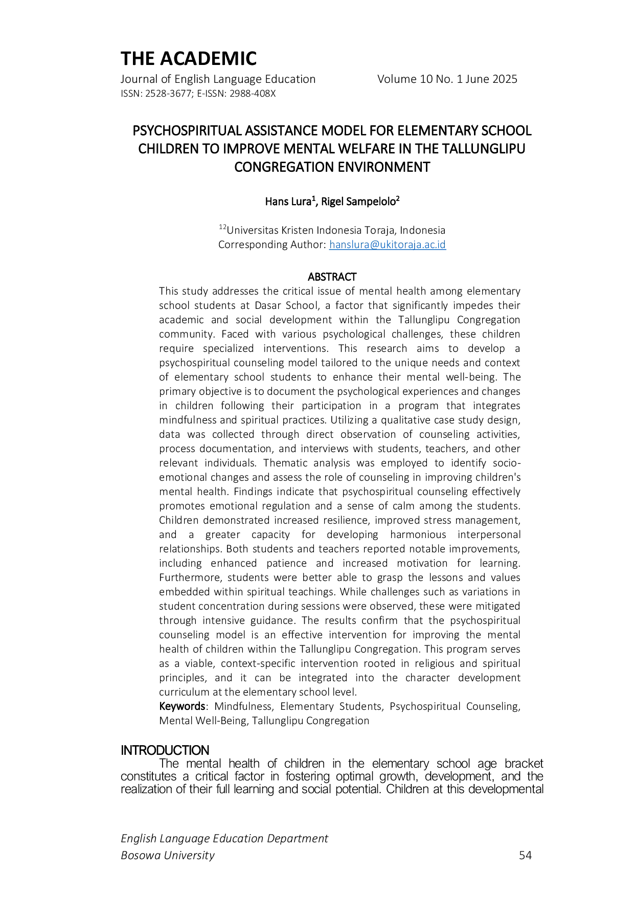 JURIS Psychospiritual Assistance Model for Elementary School Children to Improve Mental Welfare in the Tallunglipu Congregation Environment
