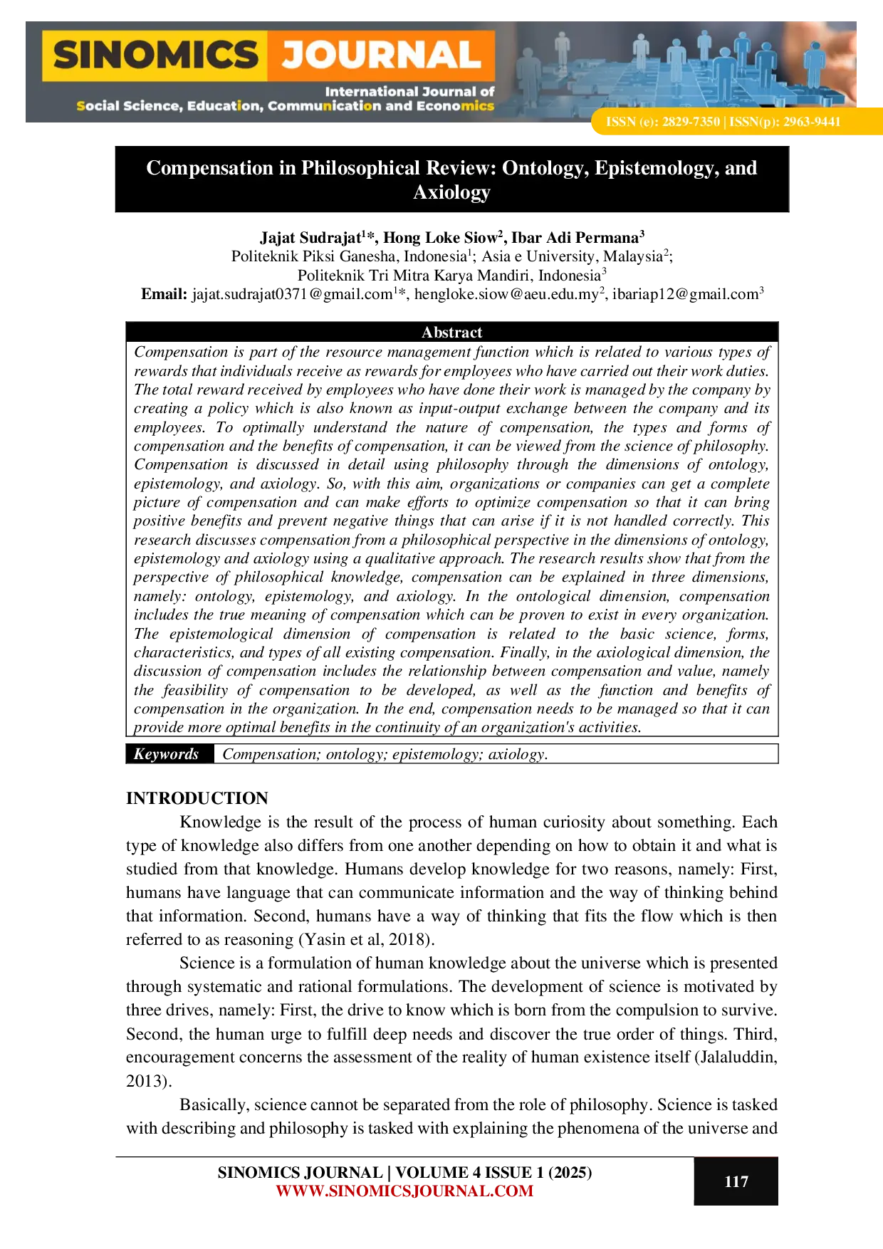 JURIS Compensation in Philosophical Review Ontology Epistemology and Axiology