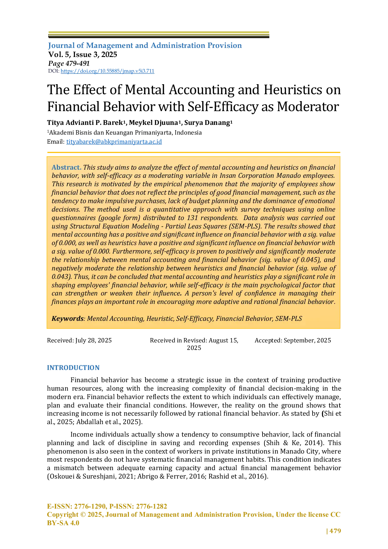 JURIS The Effect of Mental Accounting and Heuristics on Financial Behavior with Self Efficacy as Moderator