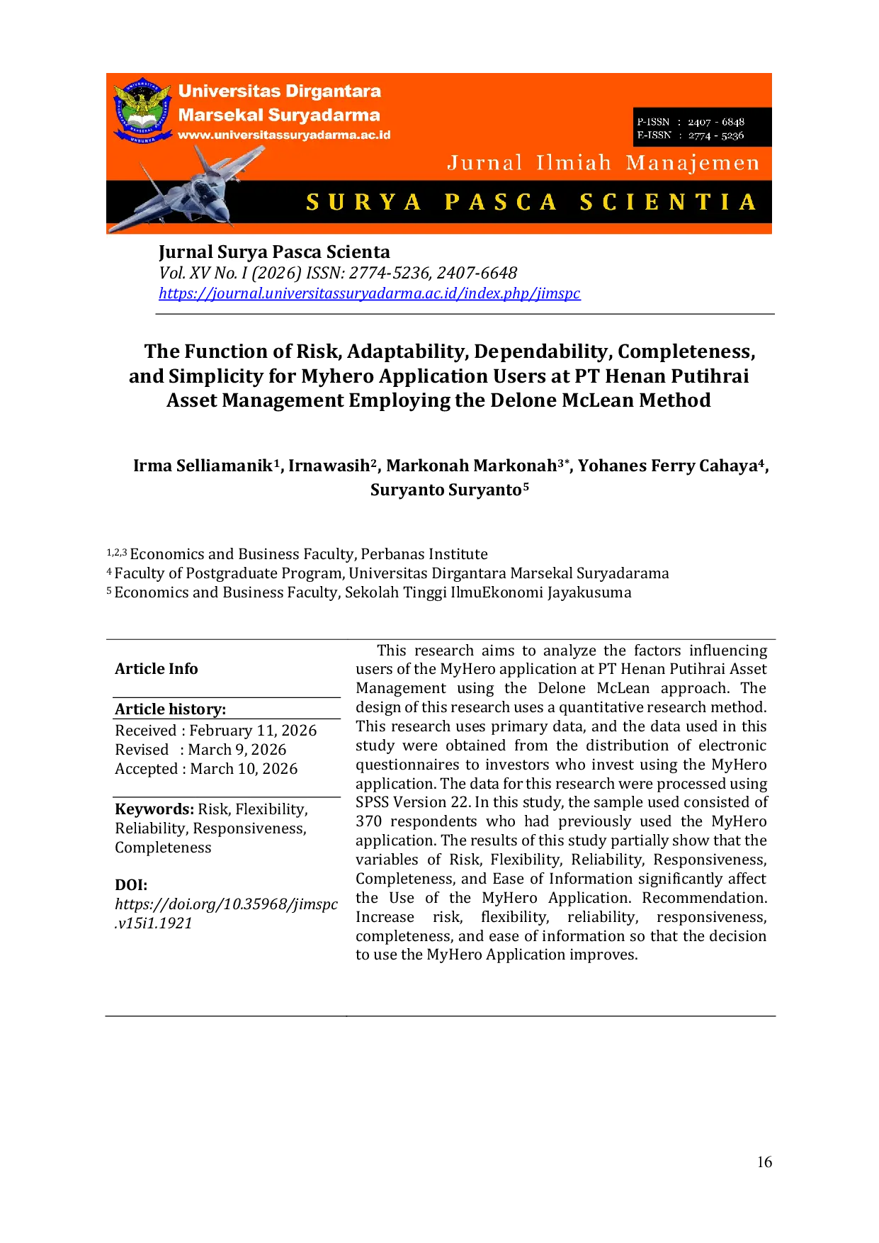 JURIS The Function of Risk Adaptability Dependability Completeness and Simplicity for Myhero Application Users at PT Henan Putihrai Asset Management Employing the Delone McLean Method