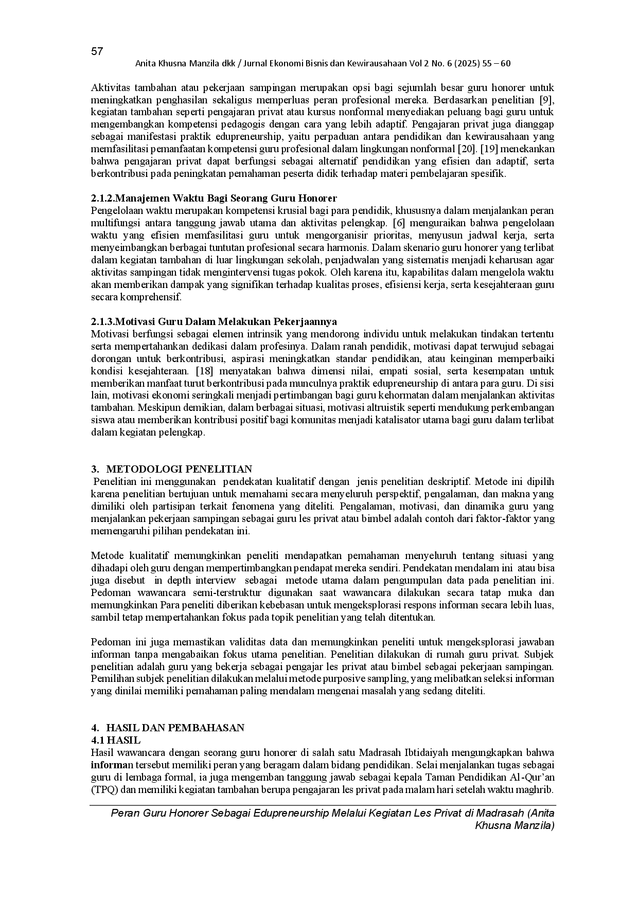 juris Peran Guru Honorer Sebagai Edupreneur Melalui Kegiatan Les Privat Di Madrasah