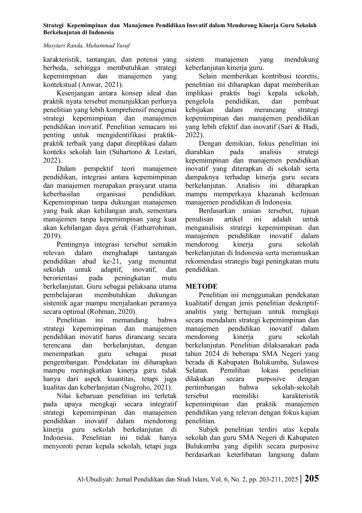 JURIS Strategi Kepemimpinan dan Manajemen Pendidikan Inovatif dalam Mendorong Kinerja Guru Sekolah Berkelanjutan di Indonesia