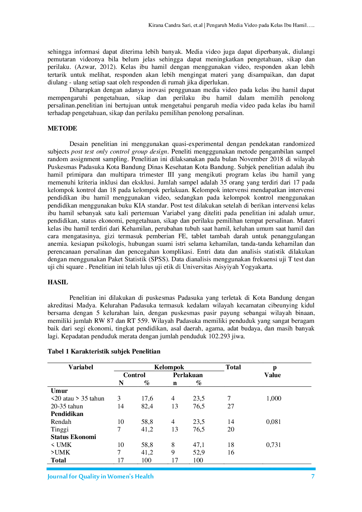 JURIS Pengaruh Media Video pada Kelas Ibu Hamil terhadap Pengetahuan Sikap dan Perilaku Pemilihan Penolong Persalinan