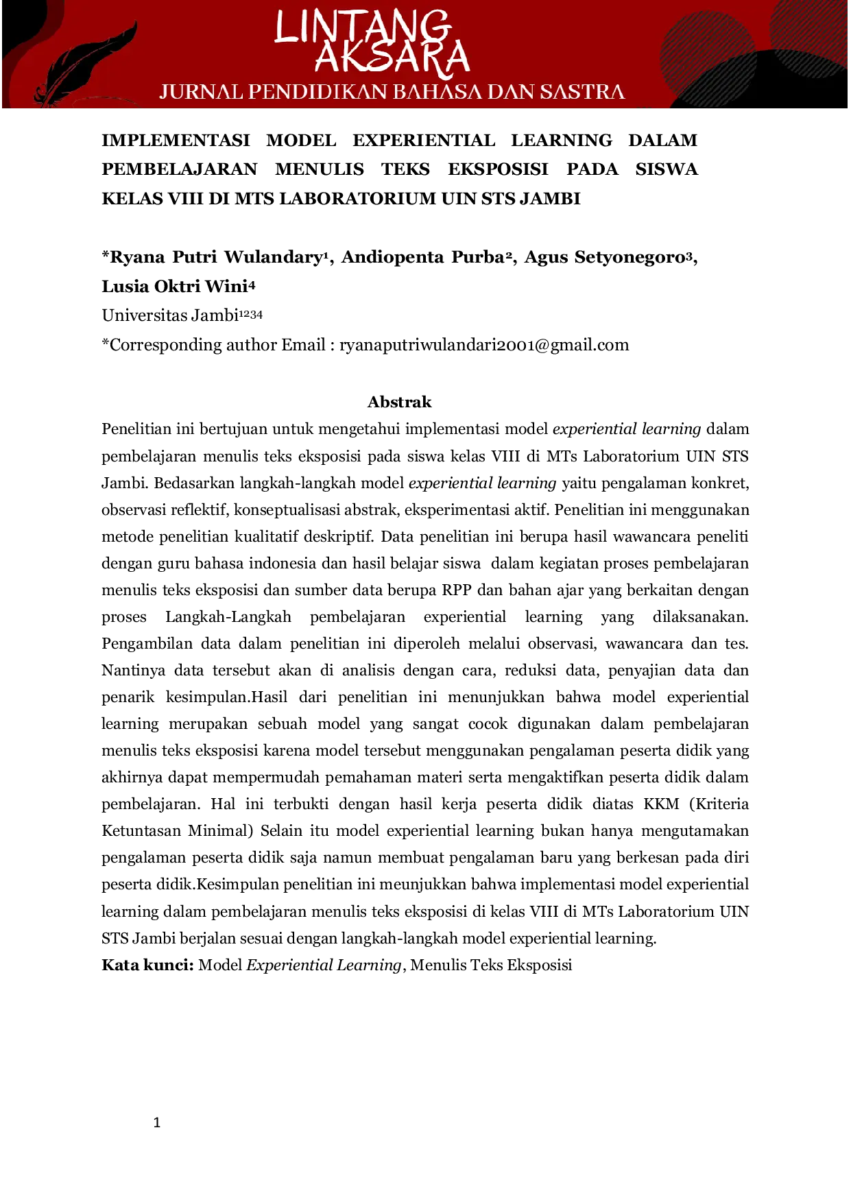 JURIS Implementasi Model Experiential Learning Dalam Pembelajaran Menulis Teks Eksposisi Pada Siswa Kelas VIII di MTS Laboratorium UIN STS Jambi