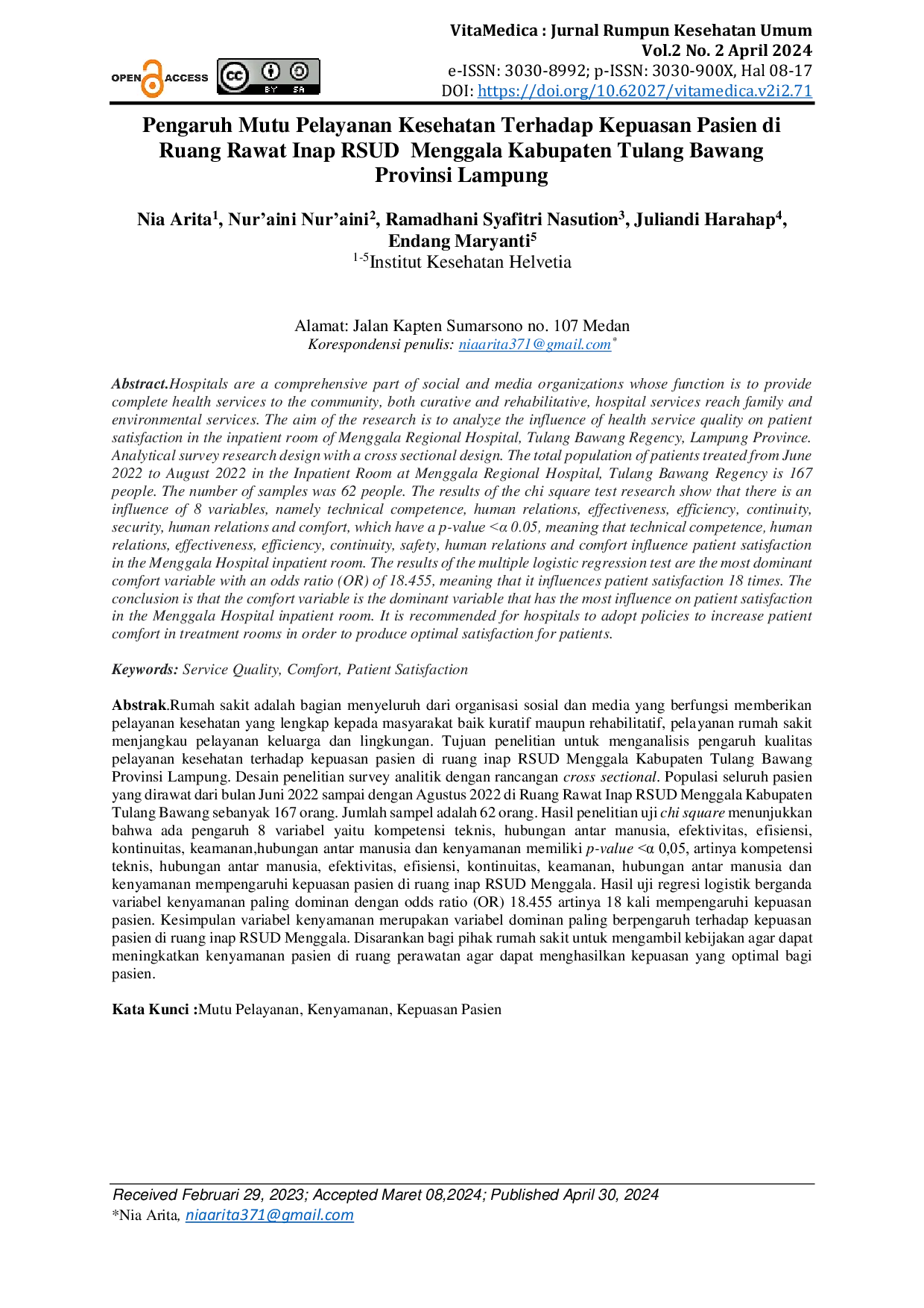 JURIS Pengaruh Mutu Pelayanan Kesehatan Terhadap Kepuasan Pasien di Ruang Rawat Inap RSUD Menggala Kabupaten Tulang Bawang Provinsi Lampung