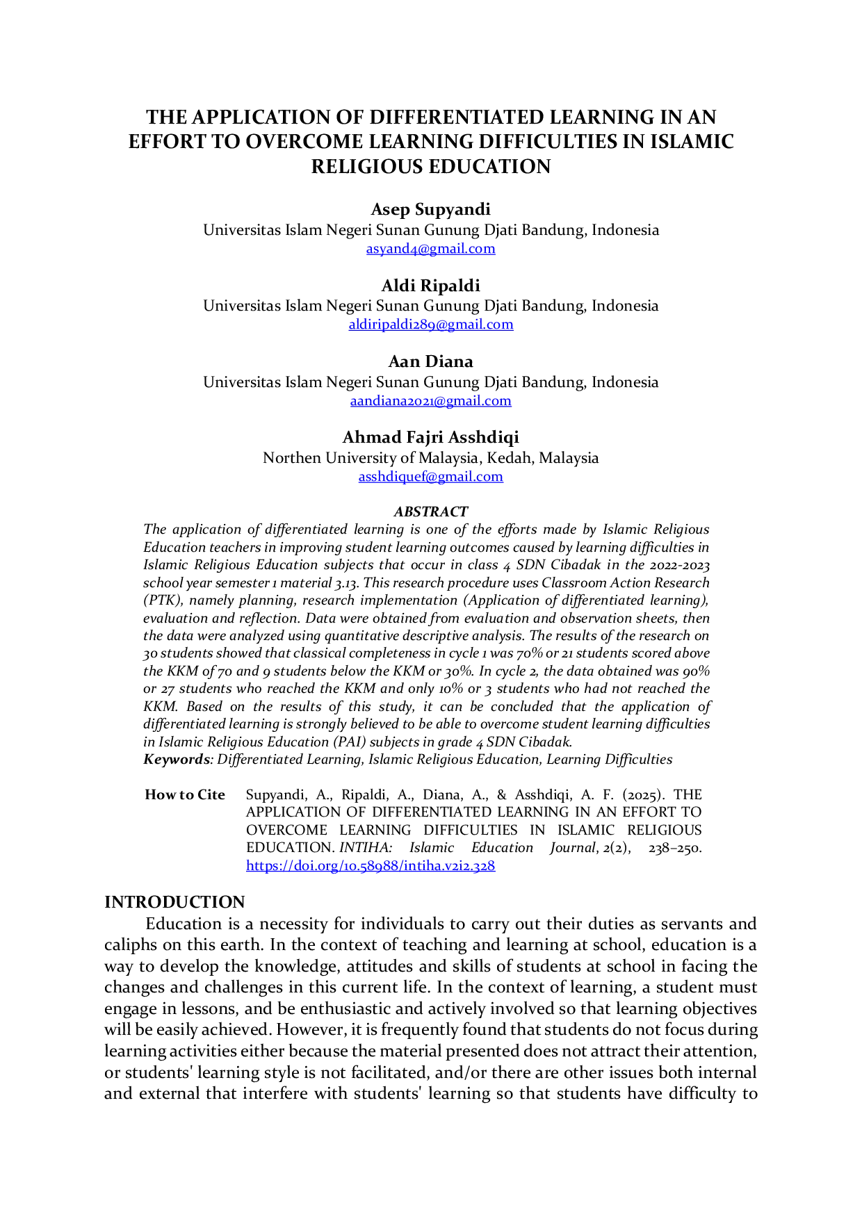 JURIS The Application of Differentiated Learning in an Effort to Overcome Learning Difficulties in Islamic Religious Education