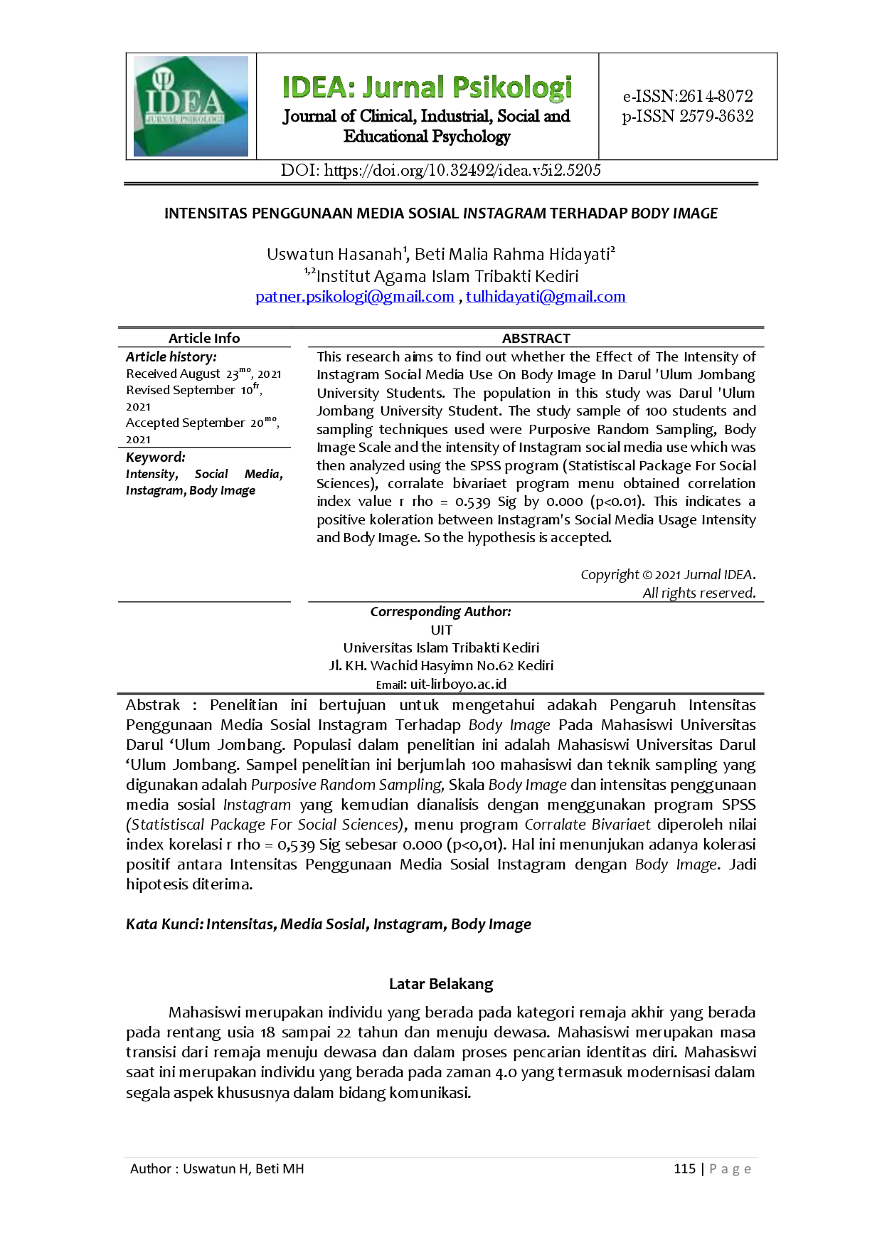 juris Intensitas Penggunaan Media Sosial Instagram Terhadap Body Image