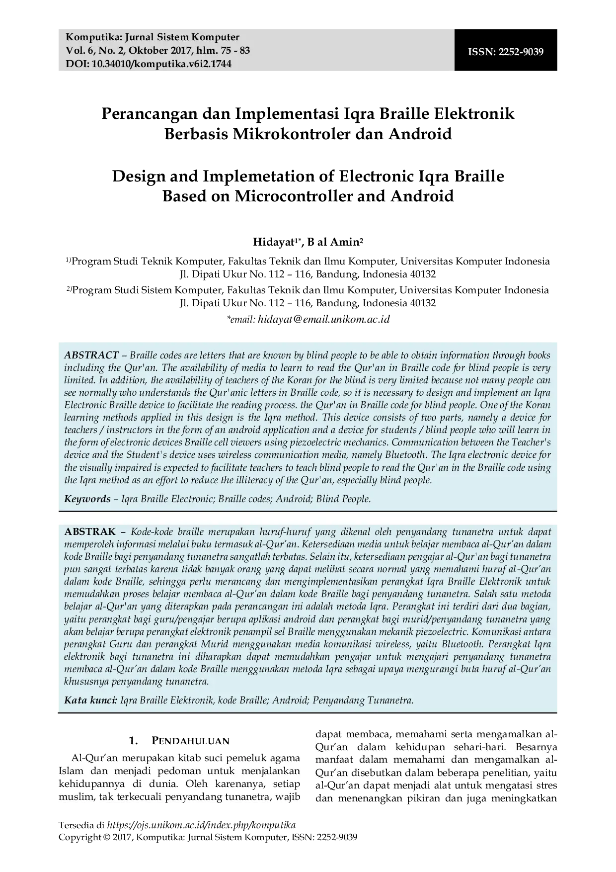 JURIS Perancangan dan Implementasi Iqra Braille Elektronik Berbasis Mikrokontroler dan Android